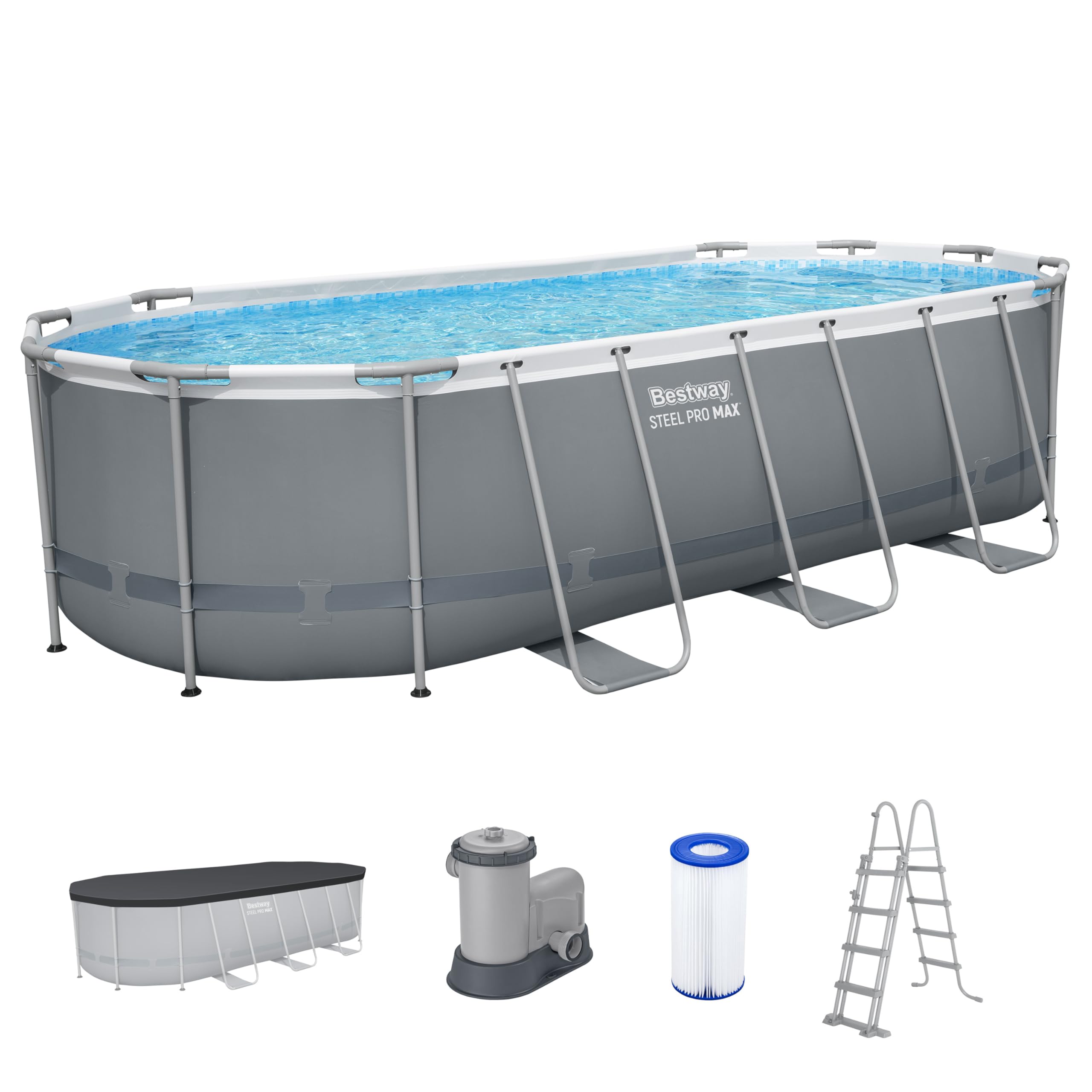 Bestway Steel Pro MAX Frame Pool Komplett-Set, 549 x 274 x 122 cm, 13.430 L, TriTech-Material, Filterpumpe, Sicherheitsleiter, Abdeckplane, Fliesenmosaik, einfacher Aufbau, langlebiger Stahlrahmen