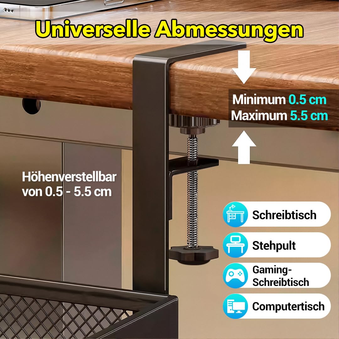 Kabelmanagement-Ablage Unter dem Schreibtisch- Ohne Bohren, Stützmetallstange hinzufügen - Büro und Zuhause - Keine Schäden am Tisch (Black, 42cm)