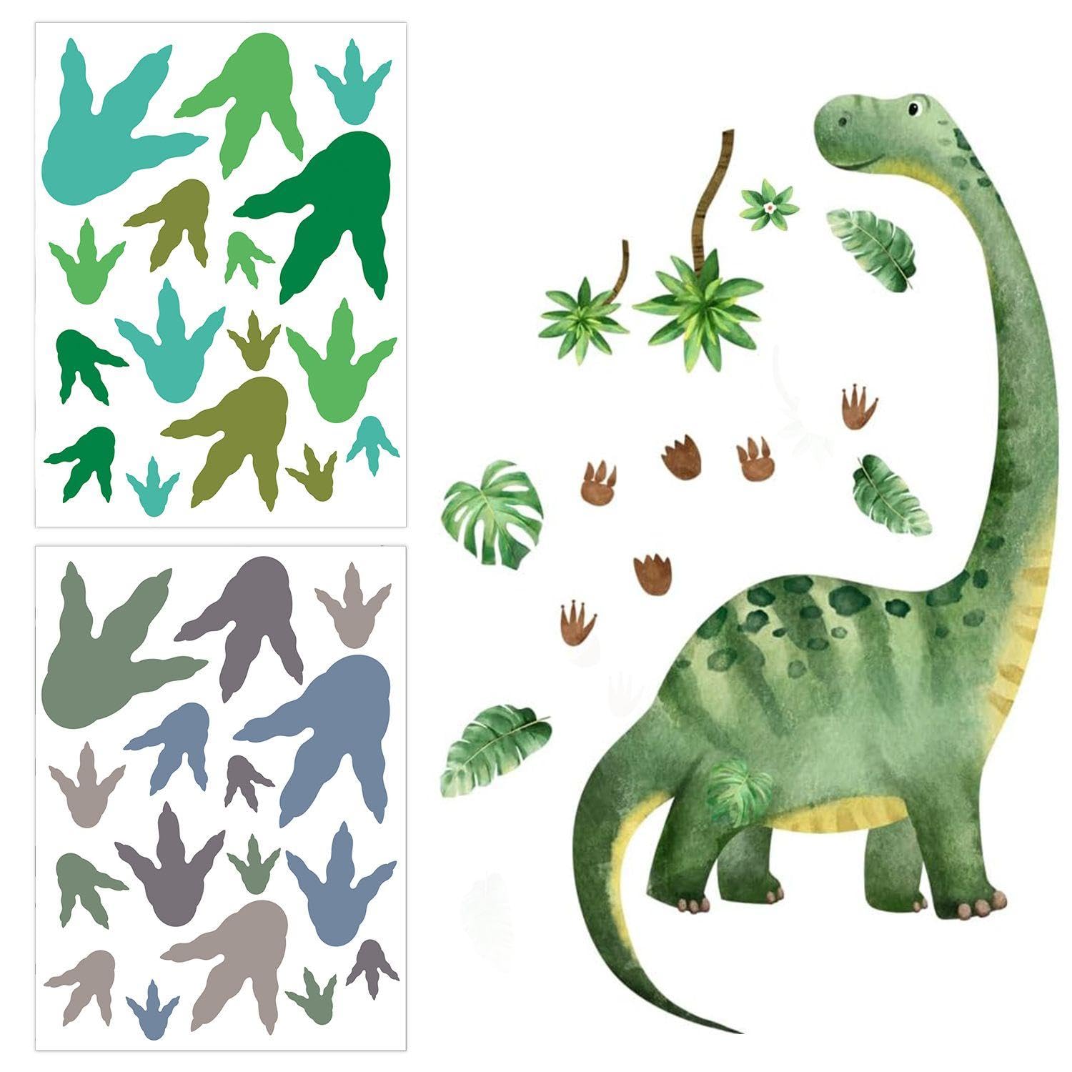 1 Set of Dinosaur Wall Stickers and 2 Dinosaur Footprint Stickers, Creative and Interesting Wall Stickers