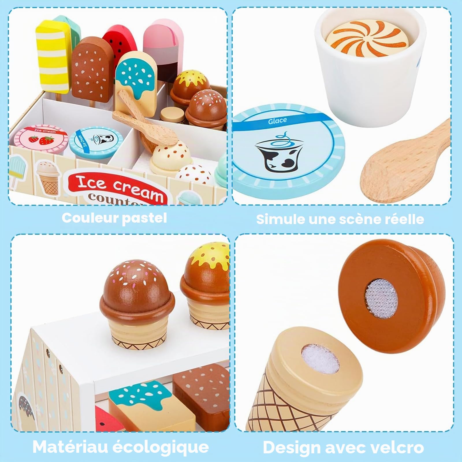 Glacier en Bois pour Enfant,Glacier Jeu Accessoires de Cuisine,Jouets de Crème Glacée en Bois pour Enfant,Marchande en Bois Jeu Éducatif Cadeaux pour Fille 3 4 5 6 Ans