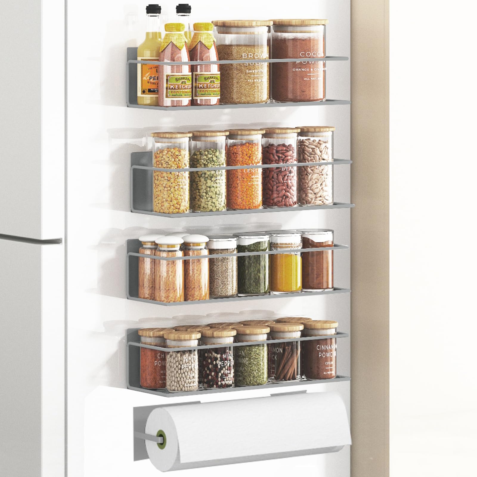 Magnetic Spice Rack For Refrigerator, Space Saving Magnetic Shelf For Fridge Grey 4 Pack With Magnetic Paper Towel Holder