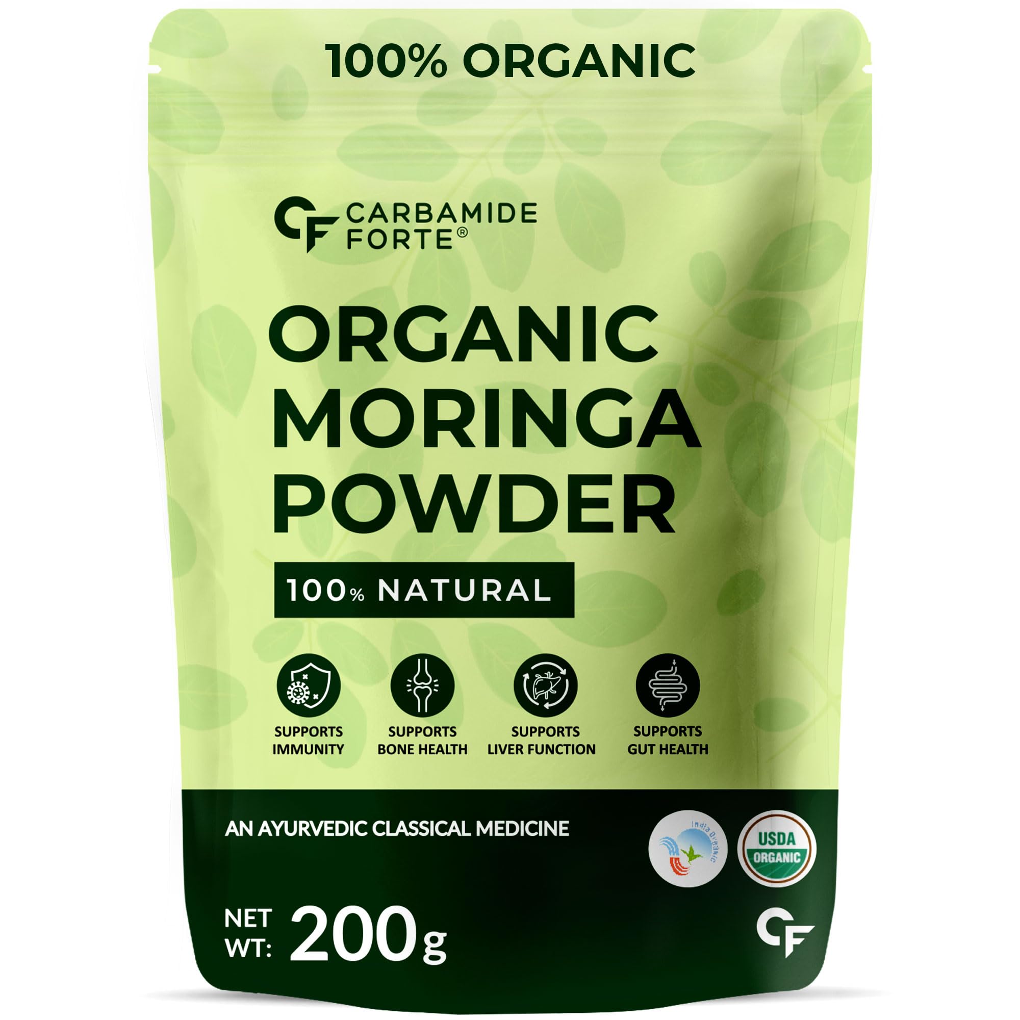 Carbamide Forte Moringa Powder Organic - Moringa Oleifera - USDA Certified Organic Moringa Powder for Immunity, Digestion & Energy - 200 g Vegetable Drumstick Leaves Powder Organic
