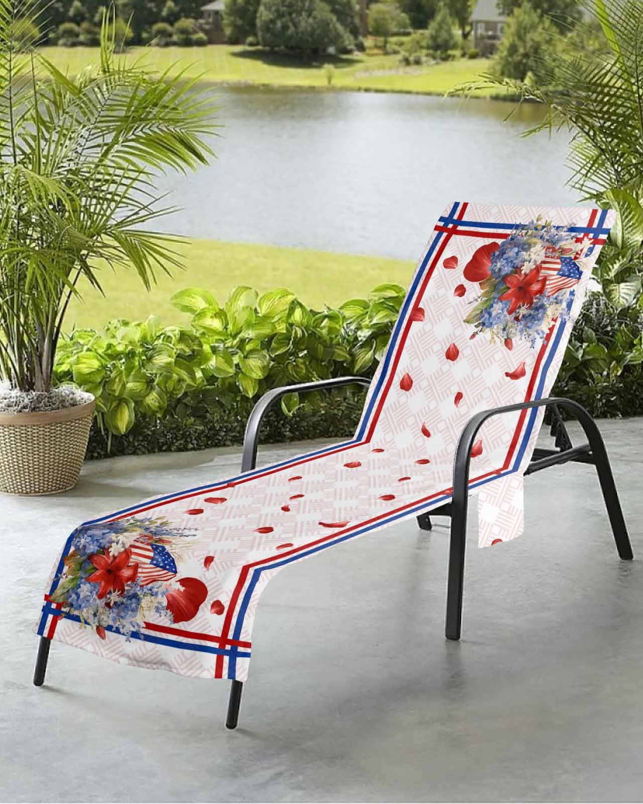 Independence Day Beach Chair Towel Covers for Chaise Lounge with Side Pocket, Soft Plush Pool Towels Cover for Patio Sunbathing Outdoor 29''x85'' Geometric Pink Red Flower 4th of July