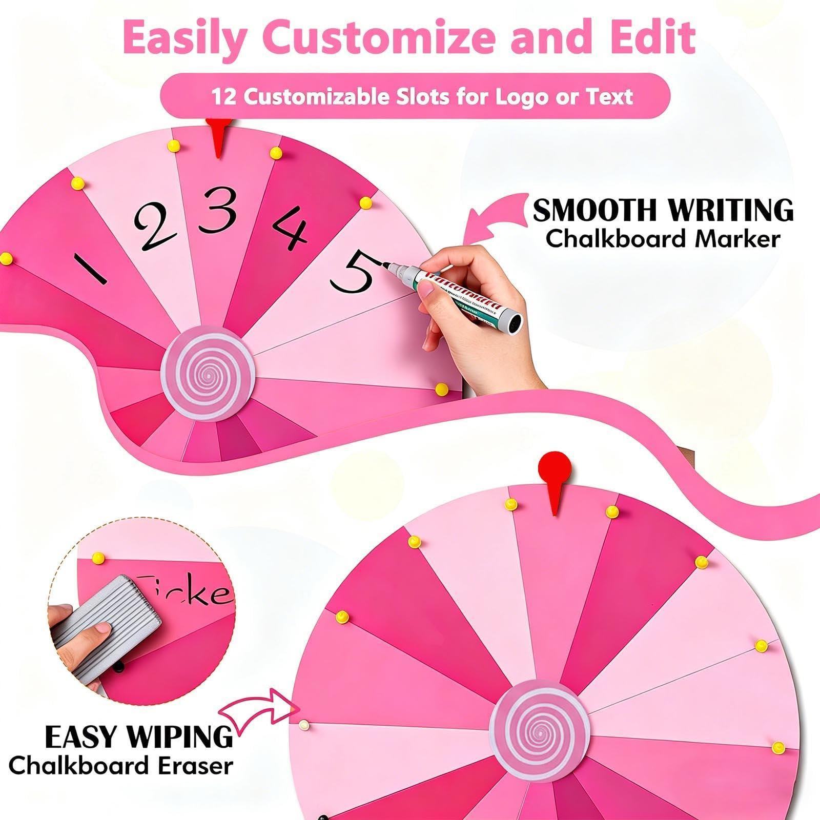 60cm Ruleta Giratoria con Trípode Ajustable 100-200cm, Rueda De Premio con 14 Ranuras para Carnaval y Feria Comercia,Pink