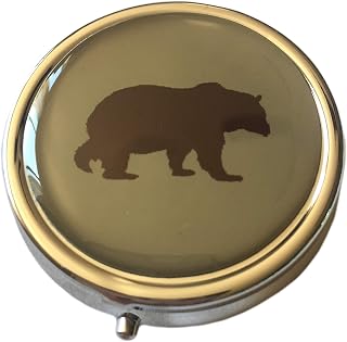 Brown Bear Silver Pill Box – Round 3-Compartment Metal Pill Organizer, Compact 2-Inch Travel Pill Case for Pocket or Purse