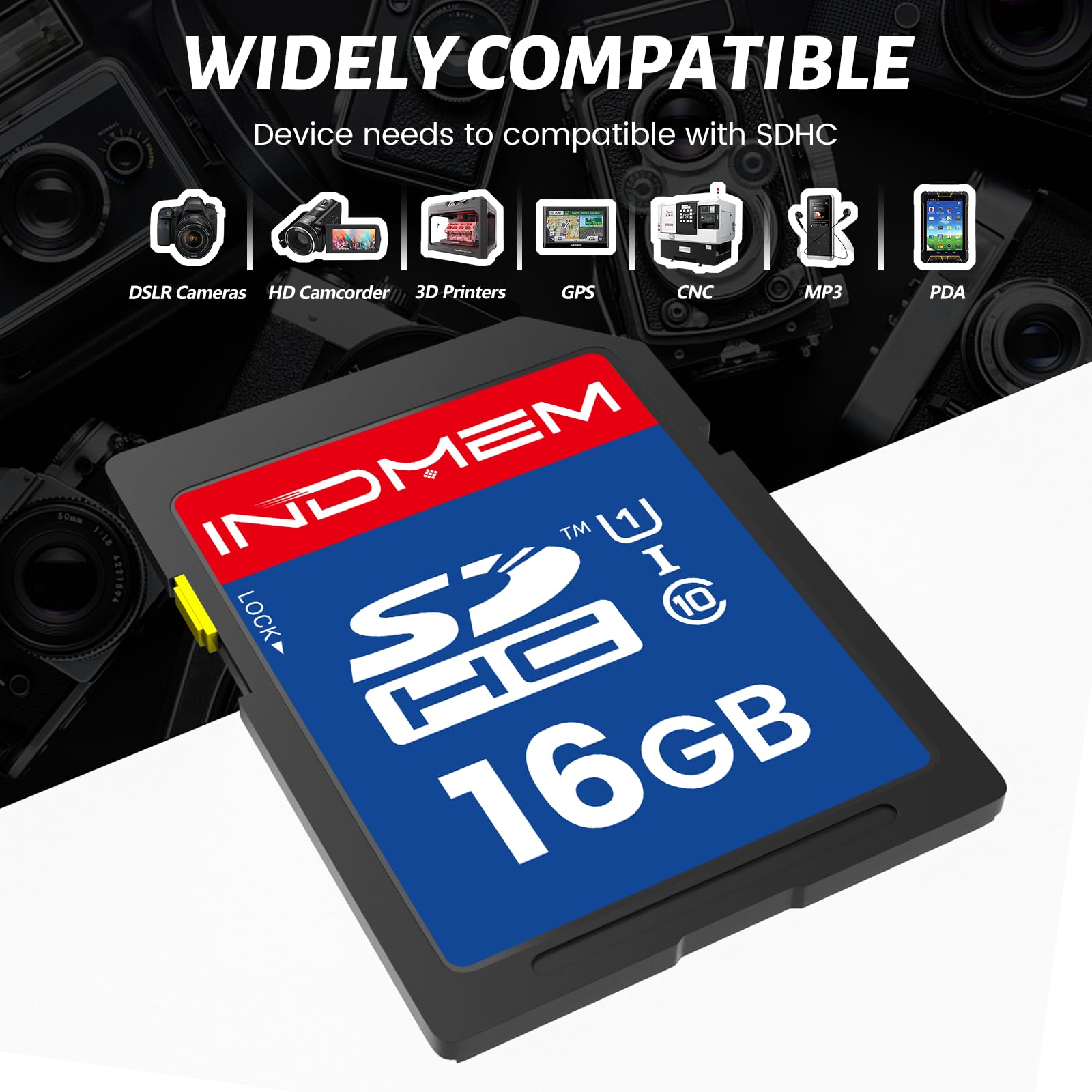 INDMEM - Scheda SD da 16 GB, confezione da 10 schede di memoria flash UHS-I classe 10 MLC, schede digitali sicure ad alta velocità per fotocamere, DSLR, Action Cam, archiviazione affidabile