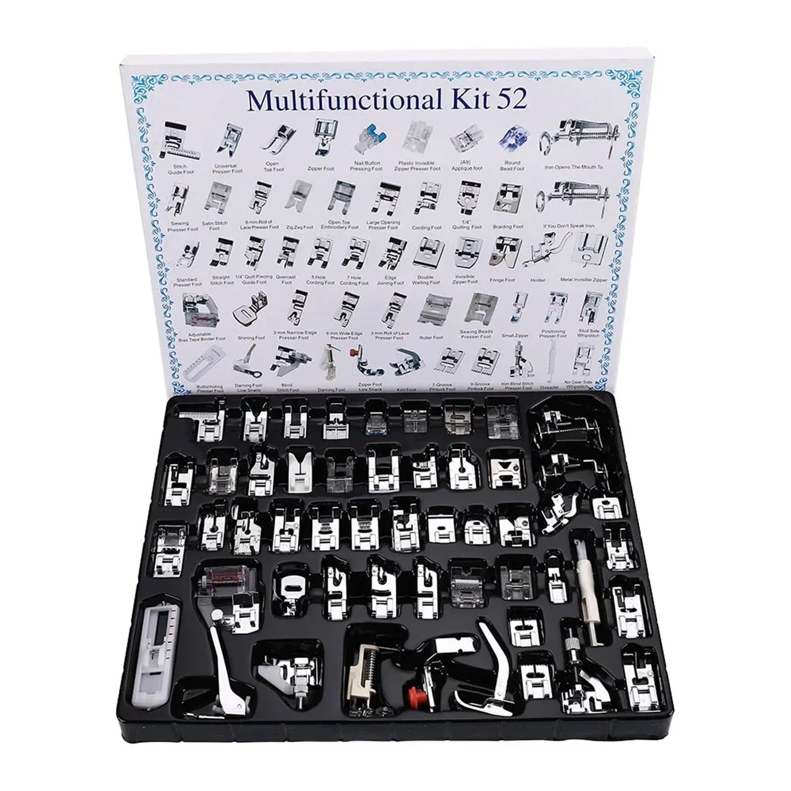 Sewing Feet Sewing Machine Presser Foot Press Kit For Braiding Blind Stitch OverLock Zipper Roller Ruler Parts(Press foot 52pcs)