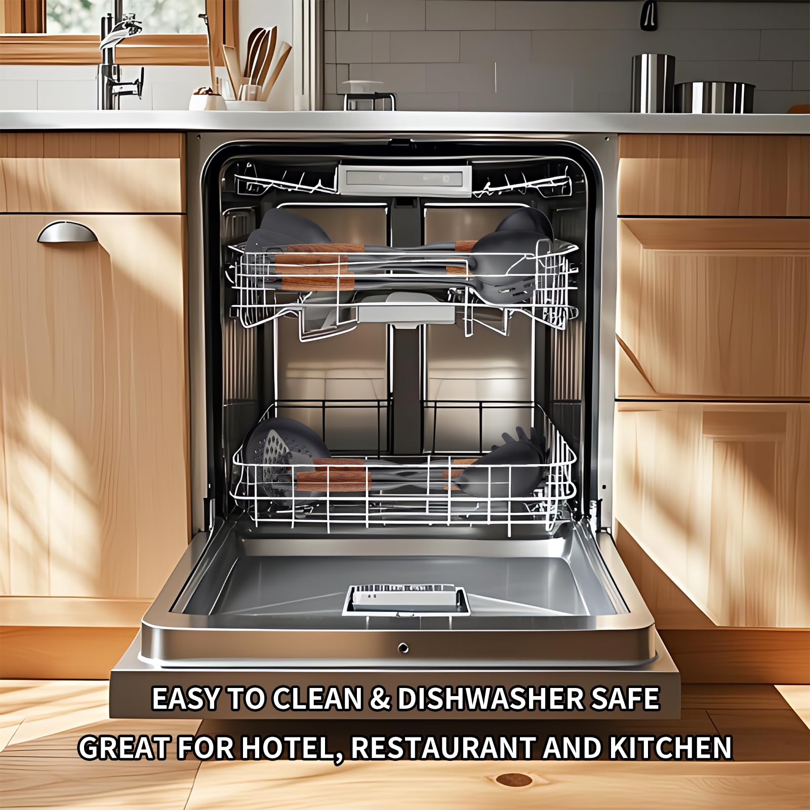 Küchenutensilien-Set aus Edelstahl mit Holzgriff, 18/10 Metall-Kochutensilien-Set, 10-teilig – Spatel, Löffel, Schöpflöffel, Schaumlöffel, Schaumwender, Pasta, Pfannenwender, Schöpflöffel, Gabel
