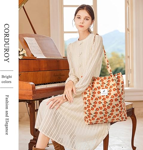 Vista 20 de Tote - Bolsa de hombro reutilizable de pana de gran capacidad con bolsillos interiores para mujeres y niñas Rayas