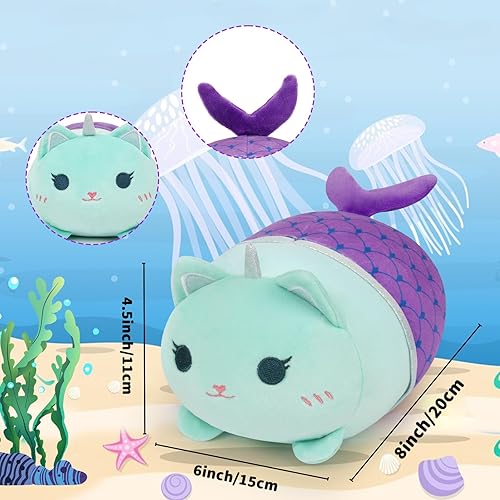 Miniatura 6 de Bekrgwiy Peluche de gato de sirena, animales de peluche de gato de 8 pulgadas, peluche Kawaii, juguetes de gato de sirena para niños, bonito regalo