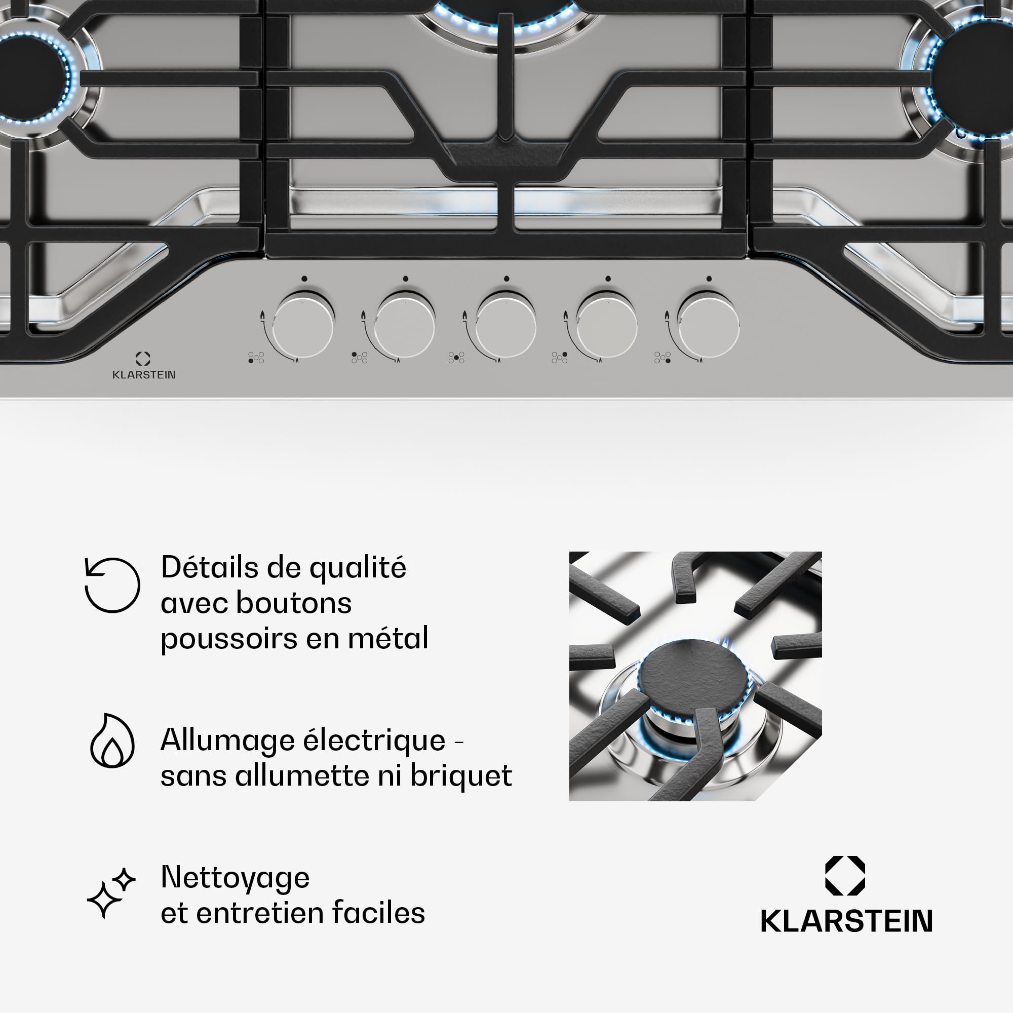 Klarstein Turbocast Plaque De Cuisson Gaz - 5 Brûleurs, Inox 304, 3.4kW Wok, Allumage Auto & Sécurité, Kit Conversion GPL, Plaque au Gaz Professionnelle