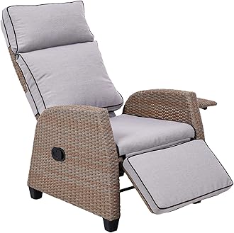 Grand patio Rattan Recliner, Adjustable Position Height Armchair with Flip Table and Cushion, Aluminum Frame, Lounge Chair for Indoor, Outdoor (Beige Cushion)