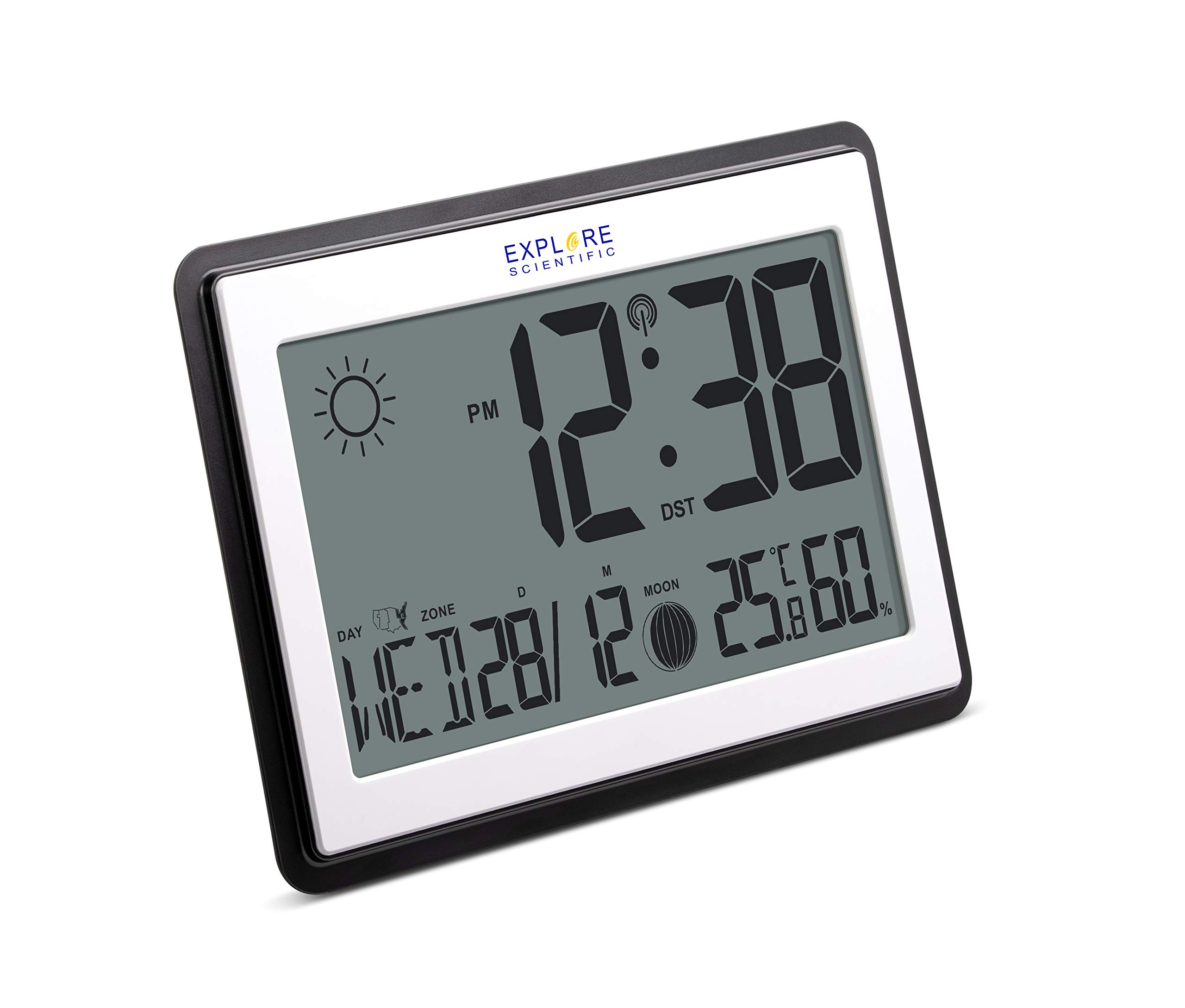 Explore Scientific große Funk-Wetteruhr für Wand und Tisch mit DCF Funkuhr, Thermometer und Hygrometer, schwarz, Large, RDC8002CM3000