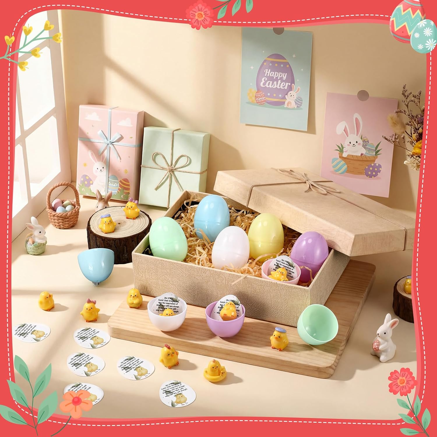 Bucherry 30 Sets Easter Religious Eggs Fillers Christian Empty Eggs with Mini Resin Easter Chicken Prayer Cards Resurrection Basket Stuffers Party Favors Gifts (Adorable)