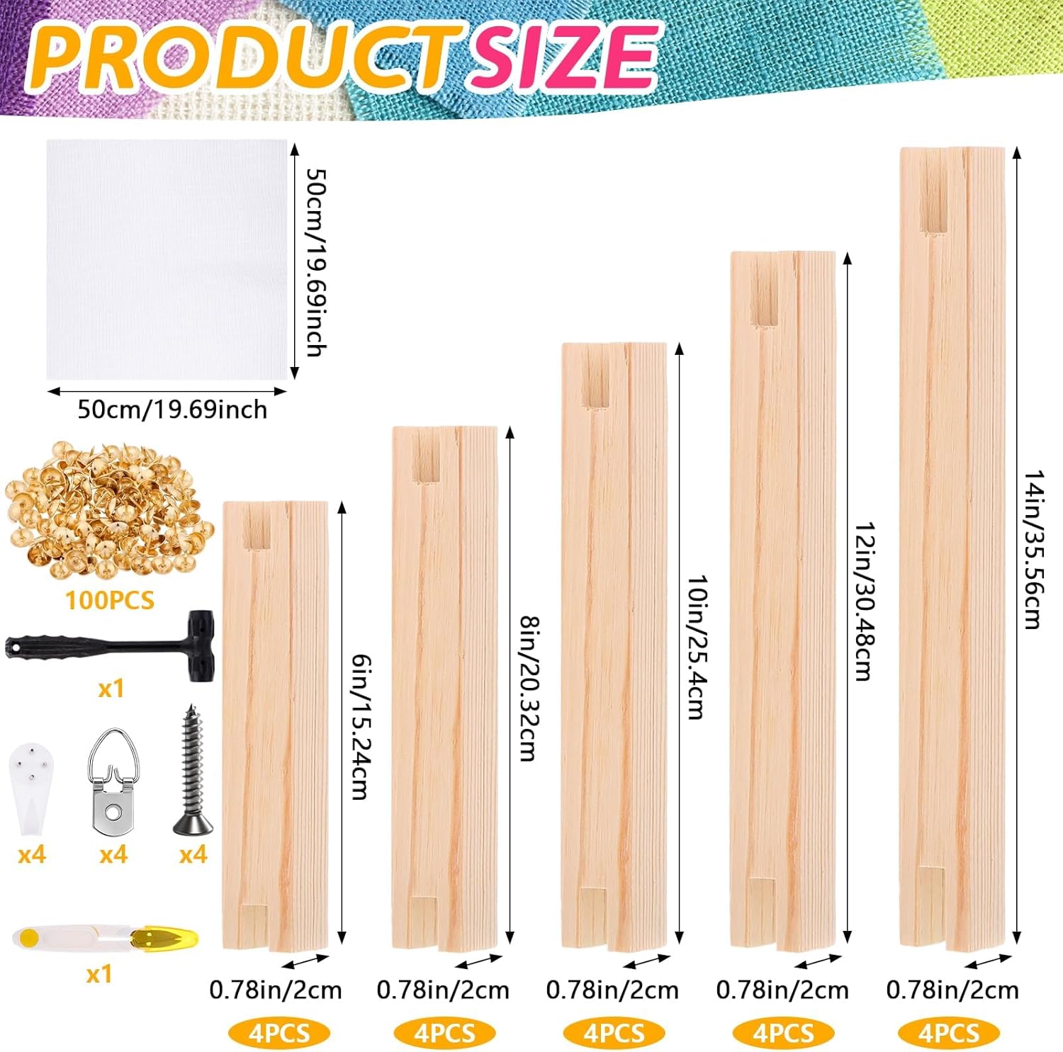 20Pcs Wooden Needlepoint Stretcher Bars Set 5 Sizes (6/8/10/12/14 Inch) Embroidery Cross Stitch Frame with Thumb Tacks Mounting Hardware for Cross Stitch, Needlework, Fabric Art Crafts