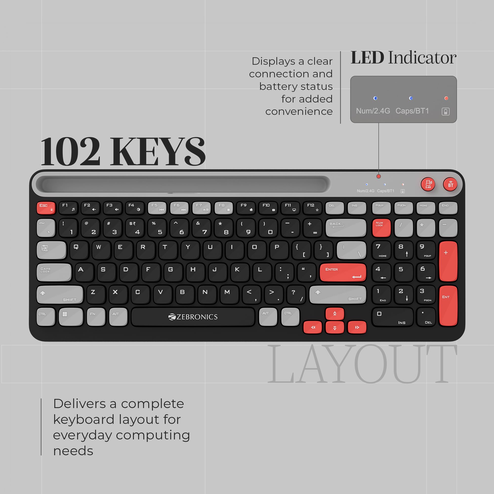 Zebronics Keypad X3 Wireless Keyboard, 102 Keys, 12 Multimedia Keys, 2.4GHz + BT, UV Coated Keycaps, Mobile & Tablet Holder, ₹ Rupee Key, Retractable Stand, USB Nano Receiver (Midnight Black) — Amazon image 3