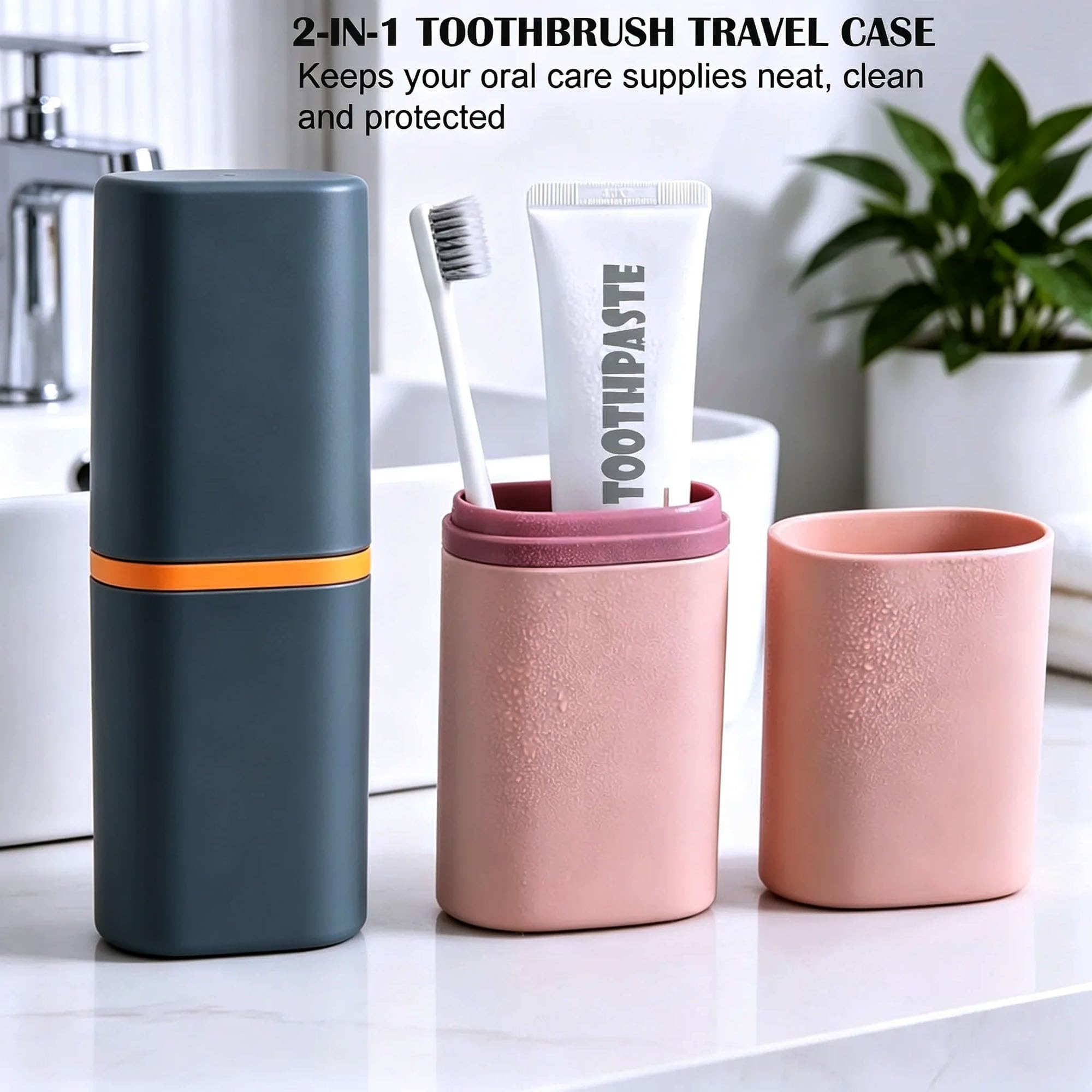 Estuche de viaje para cepillo de dientes 2 en 1, estuche de viaje para cepillo de dientes y pasta de dientes con vasos de enjuague, soporte portátil para cepillo de dientes cubierto a prueba de