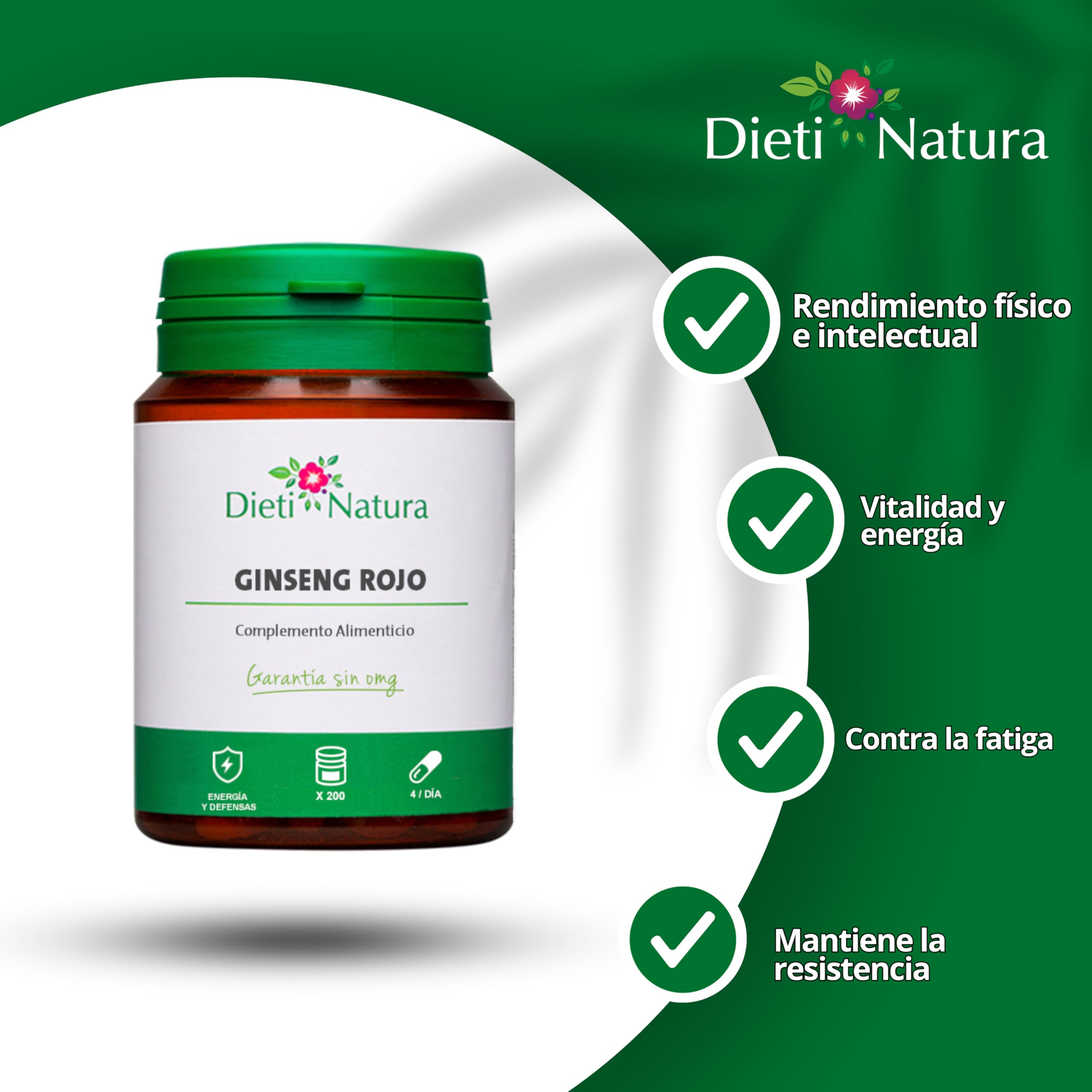 Dieti Natura Ginseng Rojo 200 Cápsulas - Ginseng Rico en Ginsenósidos para el Rendimiento Físico y Mental - Ideal Contra la Fatiga - Ginseng Rojo para Vitalidad y Energía - Garantía sin OGM