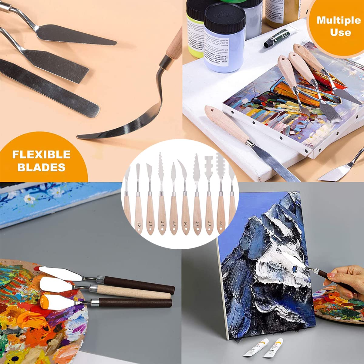 Farbmesser-Set – 10 Stück Edelstahlspachtel, Palettenmesser, Malwerkzeuge, Metallmesser, Holzgriff mit verschiedenen Formen und Größen für Ölmalerei, Acryl-Mischung