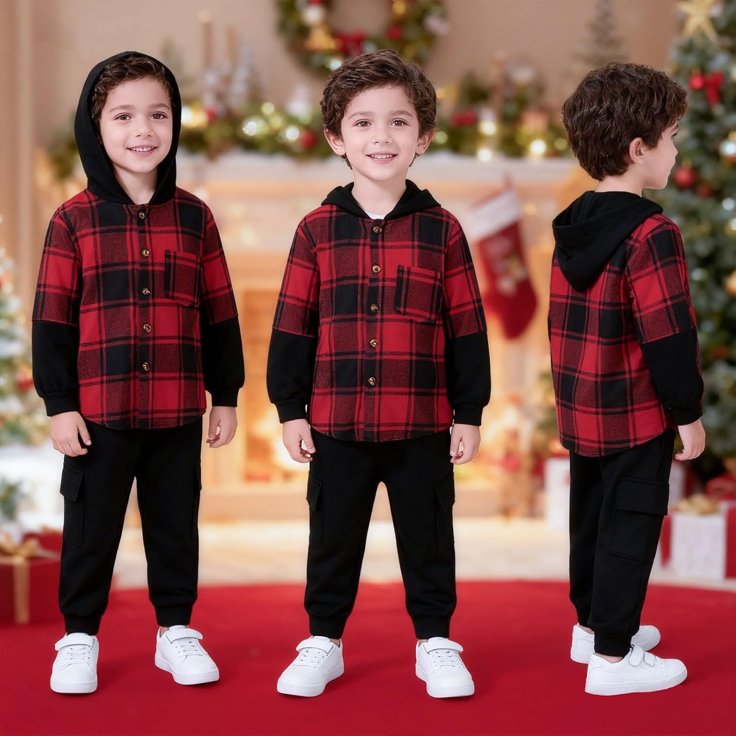 Toddler Boy Clothes Fall Winter Outfits Kids Plaid Hooded Shirt Tops & Sweatpants Boys Sweatsuit 2PCS 3-8Y