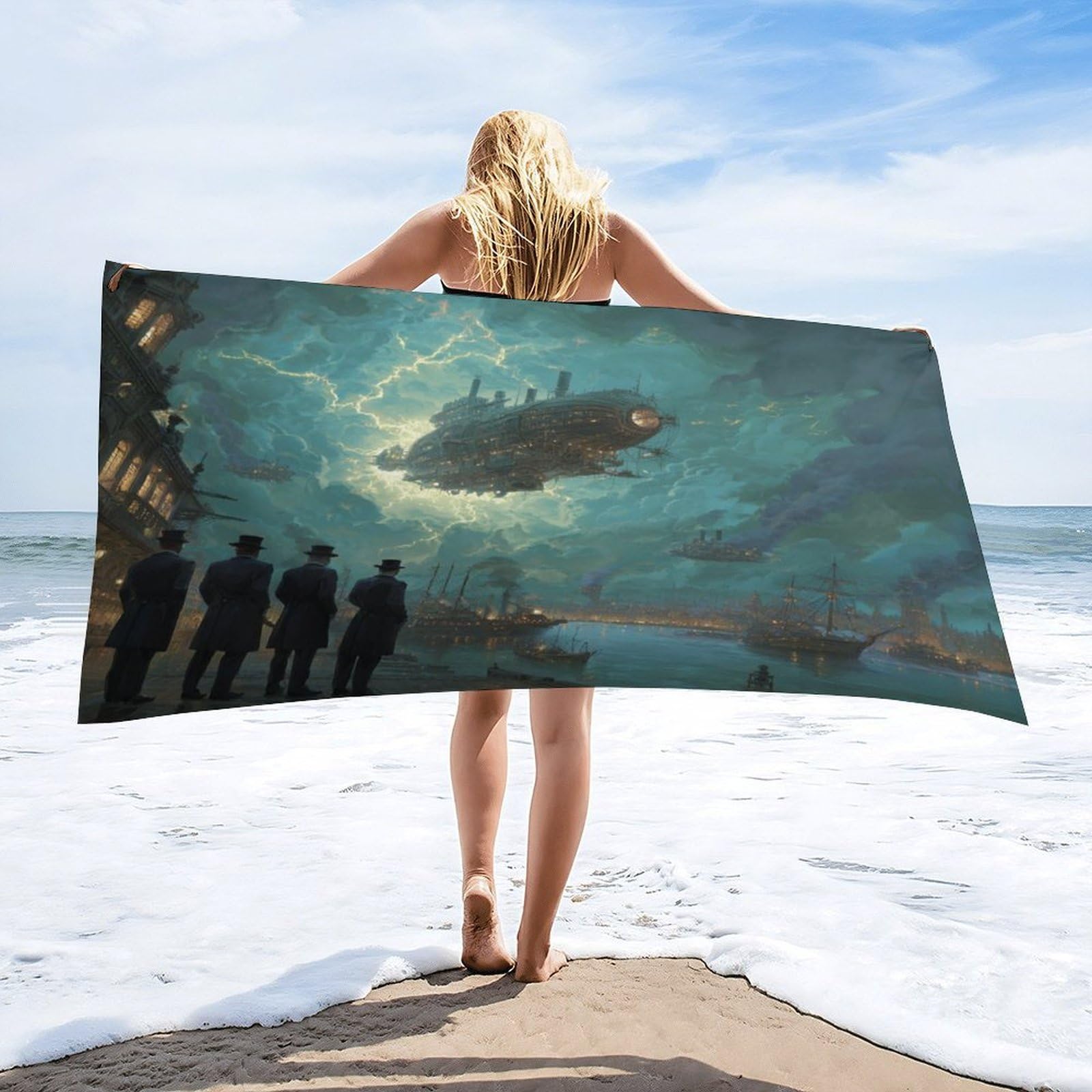 LUYYSKY Cool Classic Steampunk Airship Quick-Drying Beach Towel, Mid Century Vintage Coastal City Lightning Boat Pattern Travel Vacation Single Sided Pile Bathroom Towels-80 W cm x 160" L cm