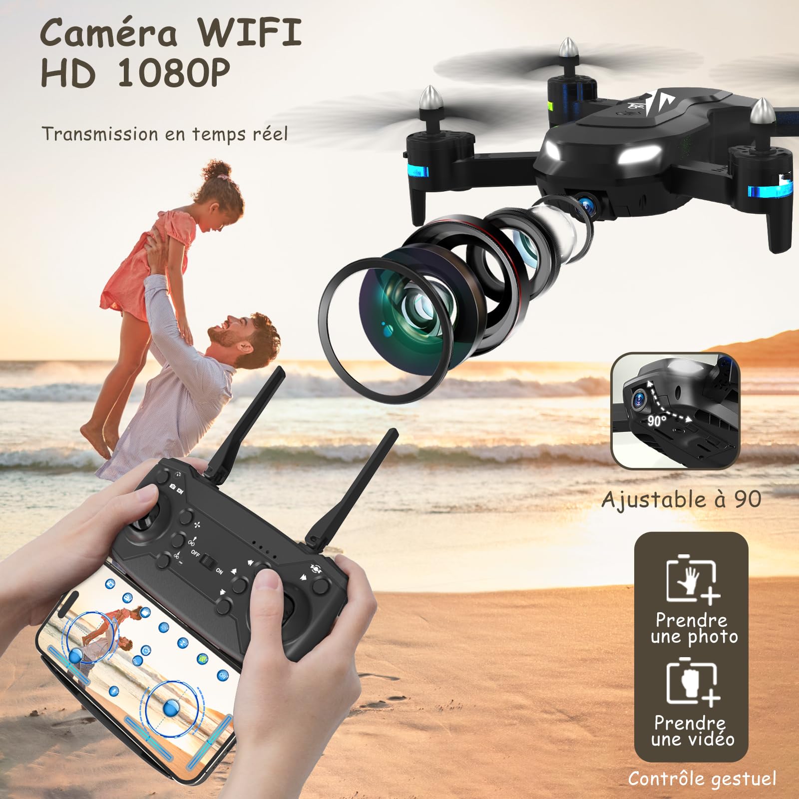 Drone avec Caméra HD 1080P, Wipkviey T26 drone enfant adulte avec vidéo, Flip 3D, Capteur de gravité, Maintien de l'altitude, Mode sans tête