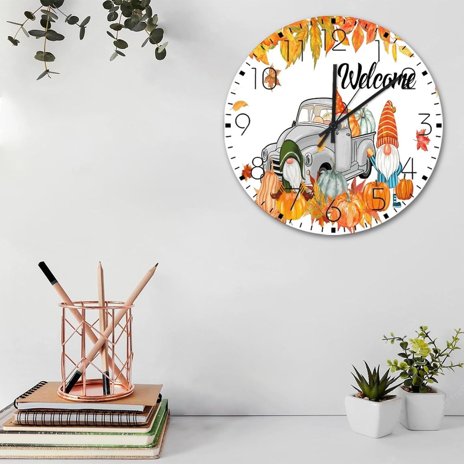 Wood Hanging Wall Clock Analog Round Non-Ticking Seasonal Welcome Fall Decorative Wall Clocks Autumn Fall Pumpkin Harvest Truck Home Decor for Yoga Room Living Room Conference Room 15 Inch