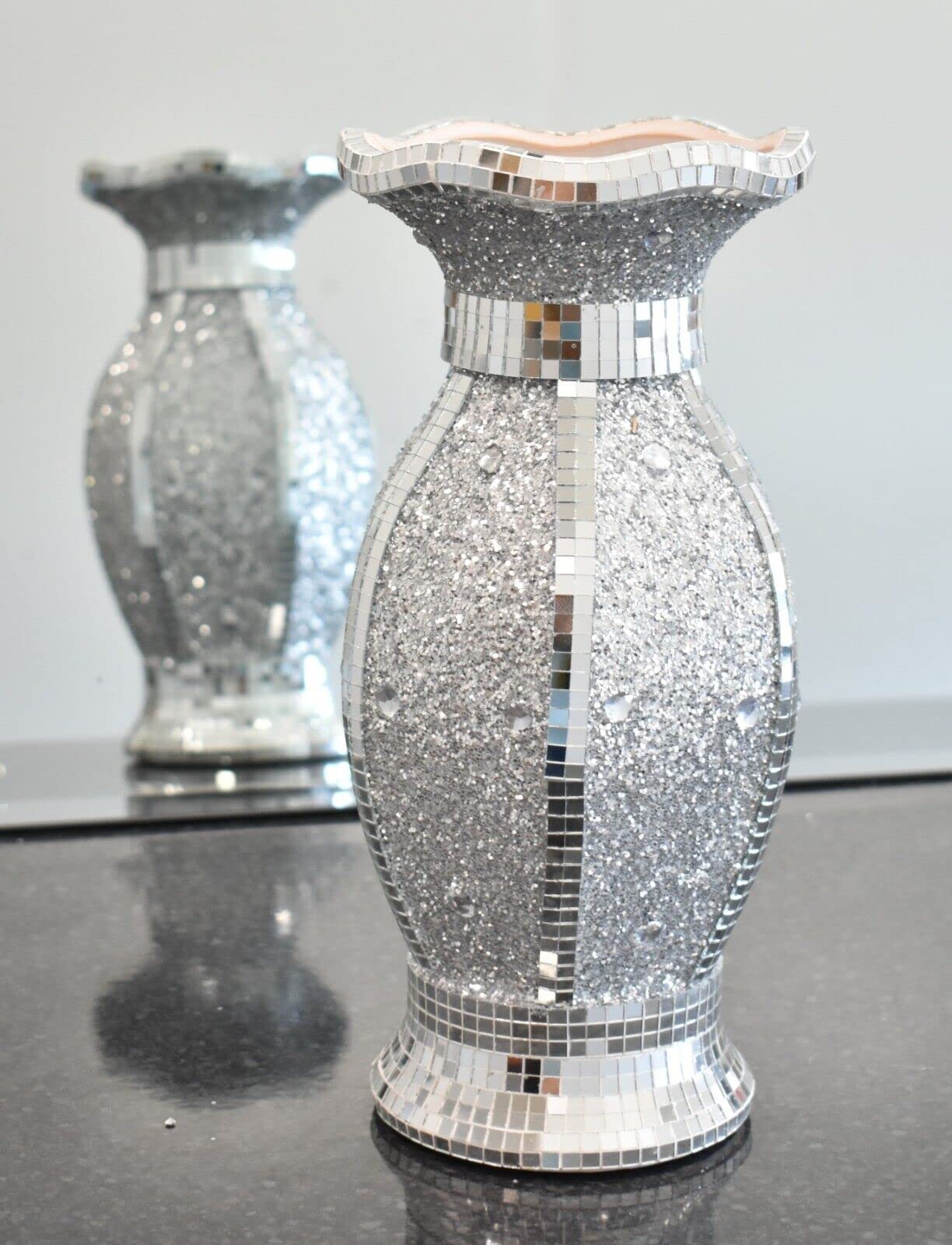 Deenz Silver Ceramic Mirrored Vase Glitter Flower Pot - Silver