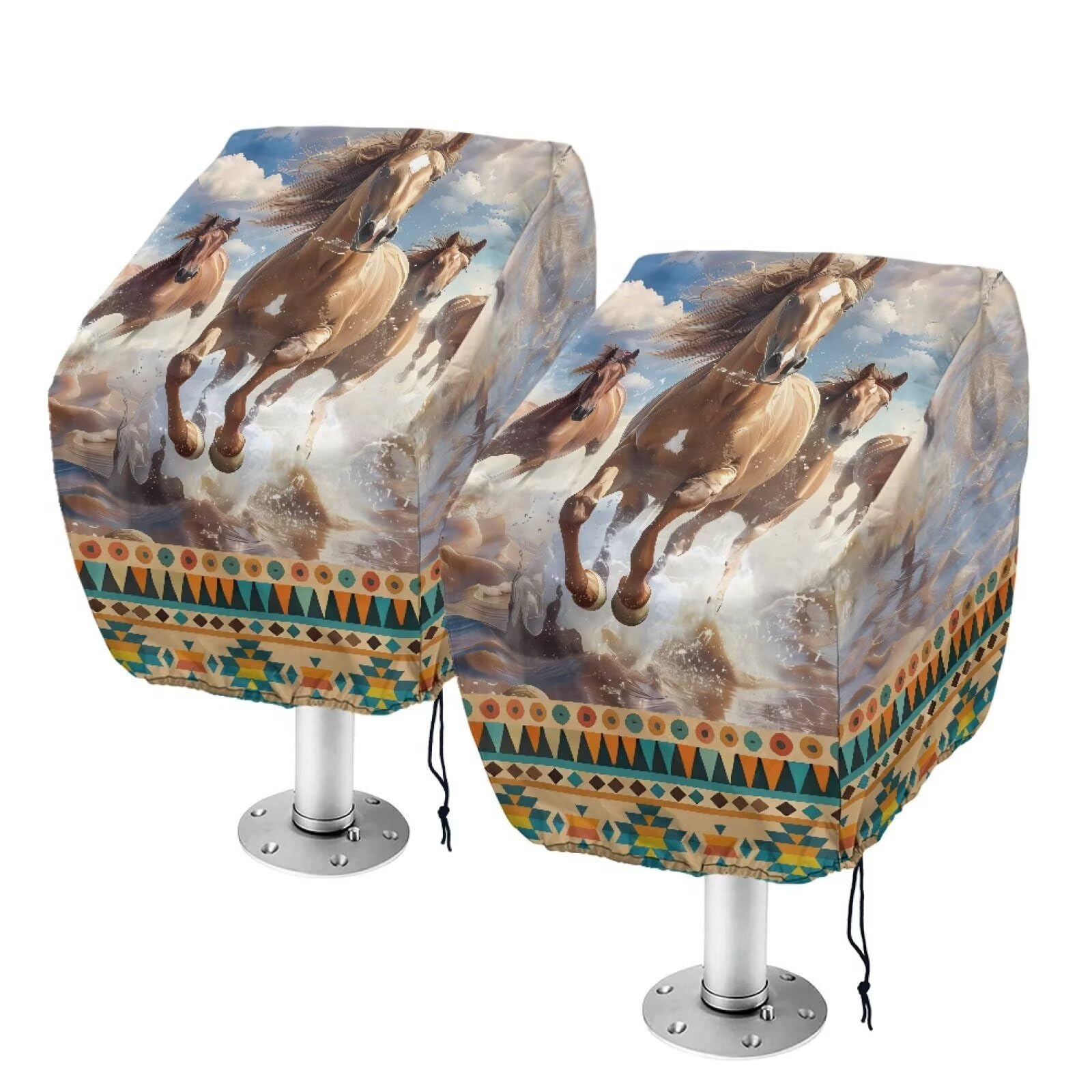 Boatee Southern Navajo Boat Bench Chair Cover 2pcs Horse Pontoon Seat Covers UV Resistant Boat Cover with Drawstring Full Length Protection for Your Helm Chair Cover Helm Chair Protective Covers