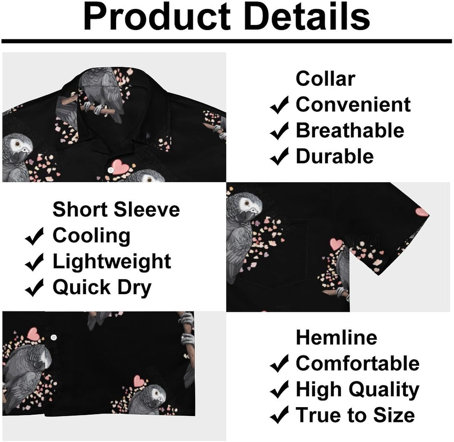 Beautiful African Grey Parrot Mens Short Sleeve Shirts Button Down Hawaiian Beach Shirts