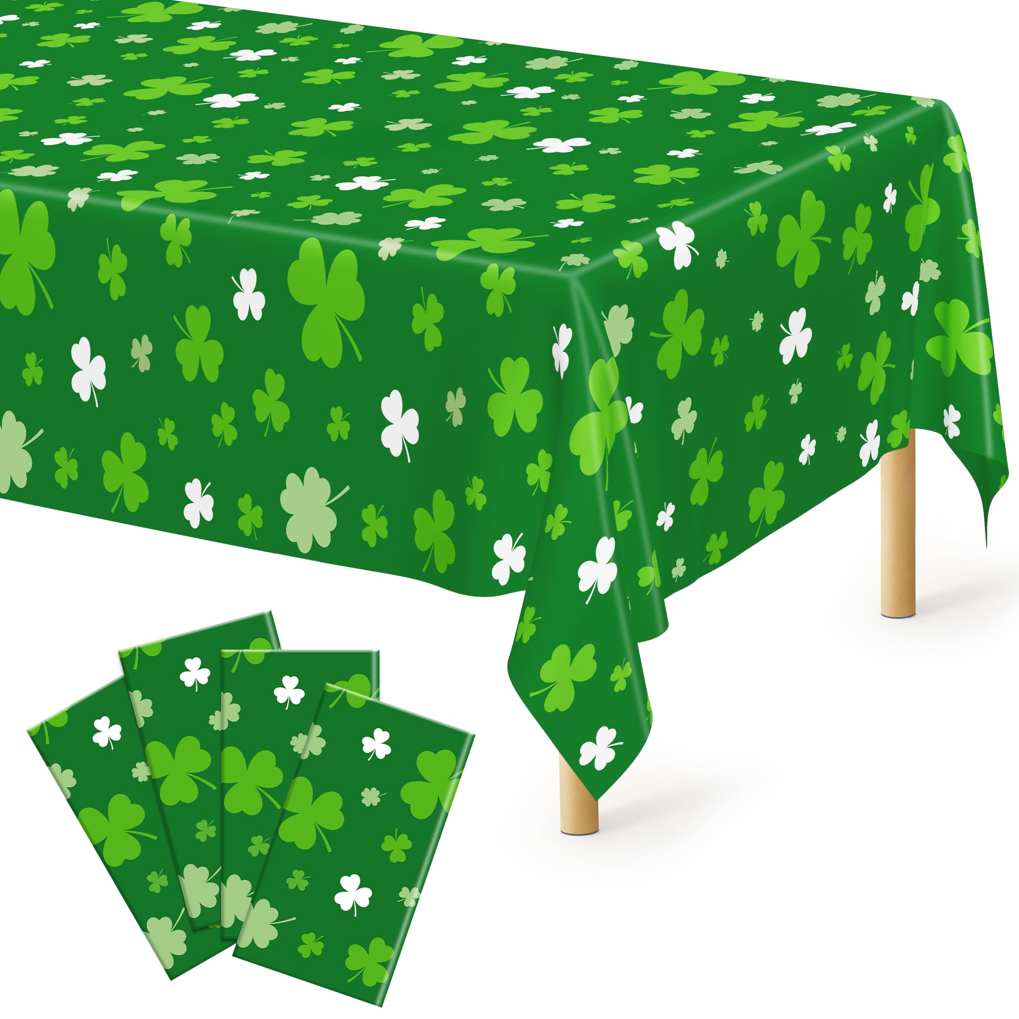 4 PCS St Patricks Day Decorations, Plastic 108 X 54 Irish St Patricks Day Tablecloth, Disposable Lucky Shamrock Decorations, Rectangle Shamrock Green Table Cloths, Lucky Decor for Memorable Table