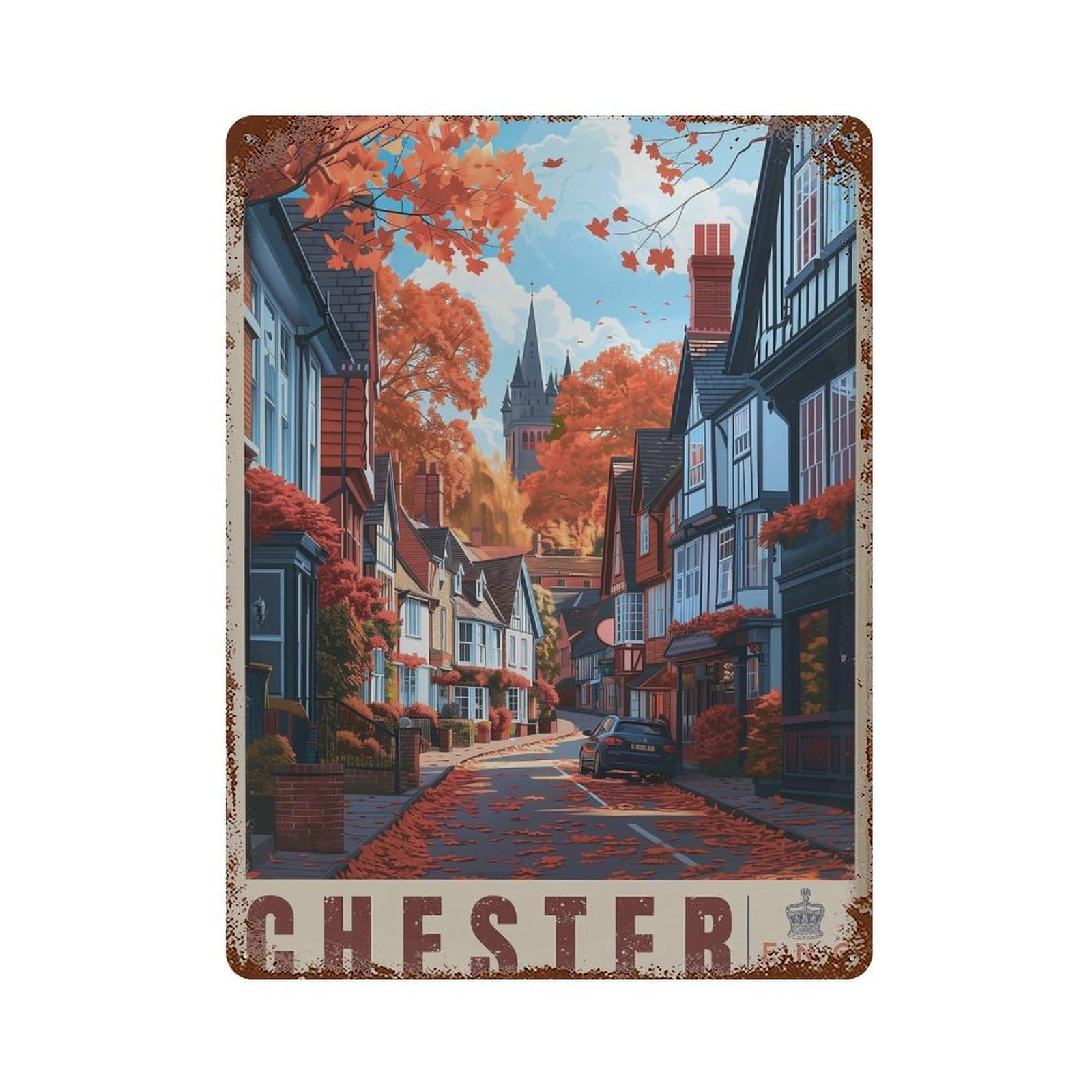 xiaoxiaoshen Chester England Travel Illustrated UK Cityscape Wall Decor Art Metal Tin Poster Modern Home Decor Art Home Bar Shop Decorations Vintage Sign 40x30cm