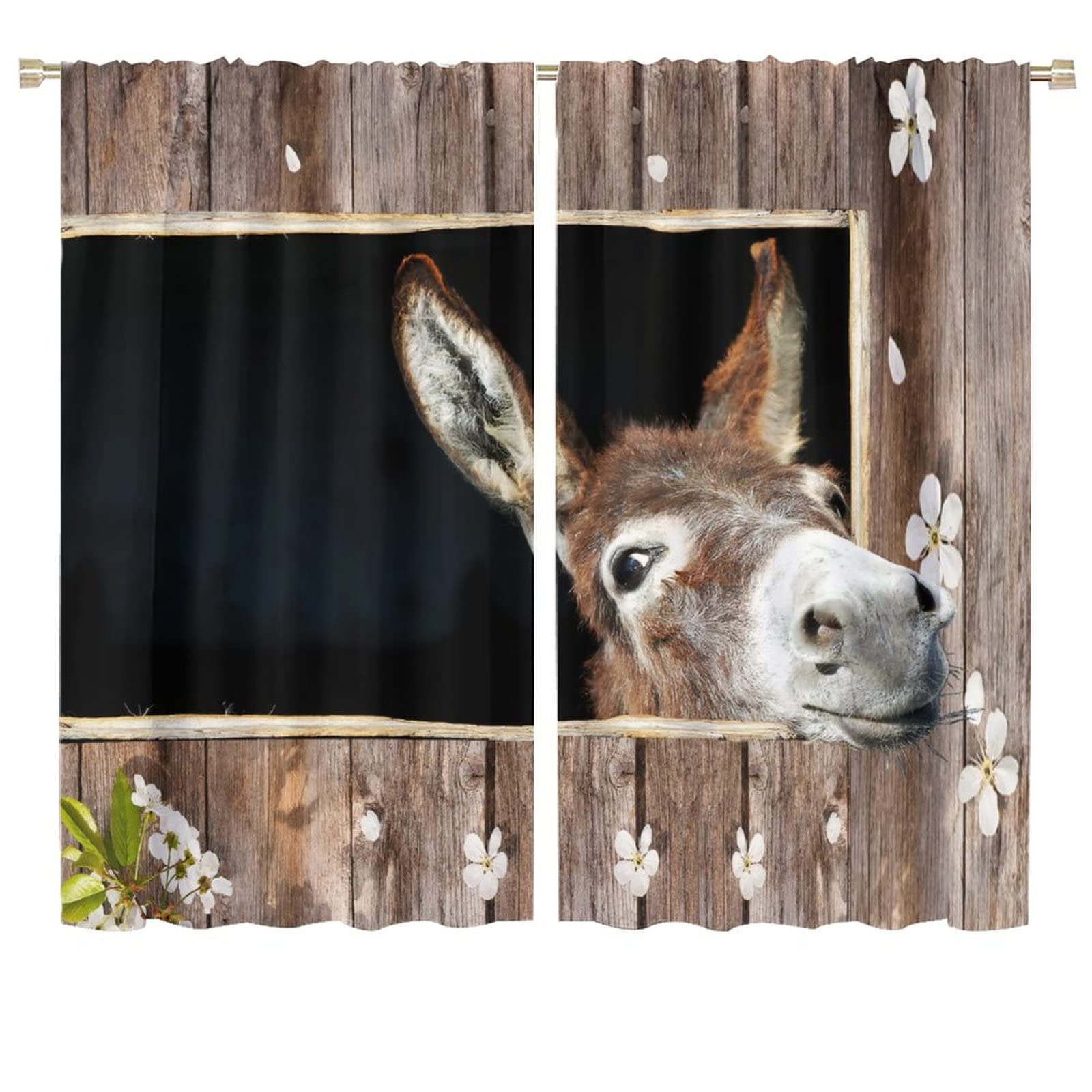 Funny Donkey Curtain,Rustic Farmhouse Animal Wooden Background Room Darkening Door Window Rod Pocket Curtain for Living Room Bedroom Kitchen Bathroom W72xL63in