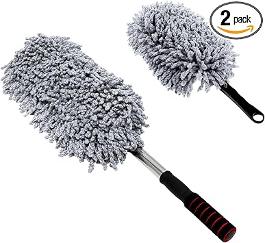 2 PCS Microfiber Car Dusters, Scratch Free Auto Exterior Dust Brust Set with Extendable Duster, Multipurpose Soft Brushes Dusting Supplies for Cars Trucks SUVs Motorcycles Gray