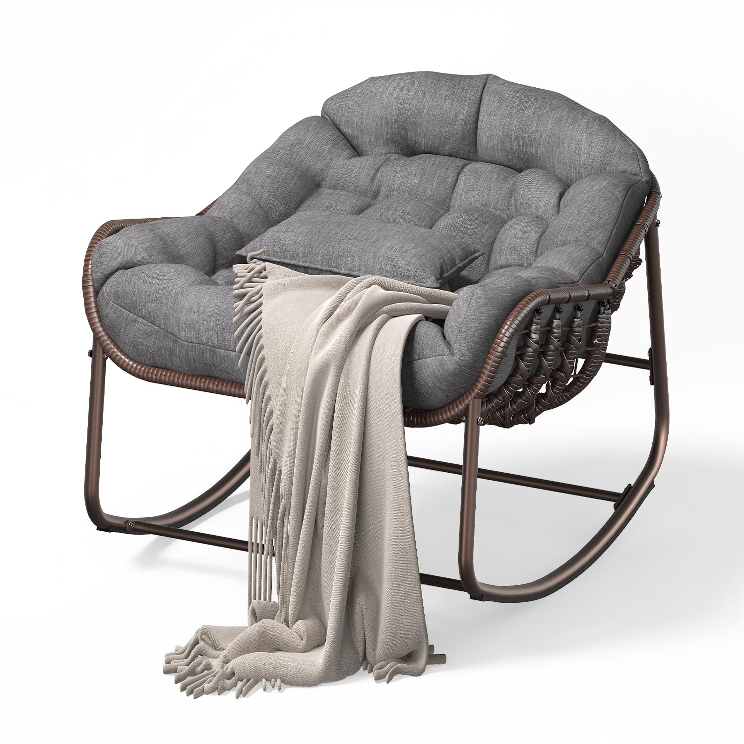 Papasan Schaukelstuhl Übergröße für Garten & Balkon – Rattan Ei-Design, Dicke Polsterung, Metallrahmen – Bequemer Outdoor & Indoor Lounge Sessel für Terrasse, Wohnzimmer, Schlafzimmer –