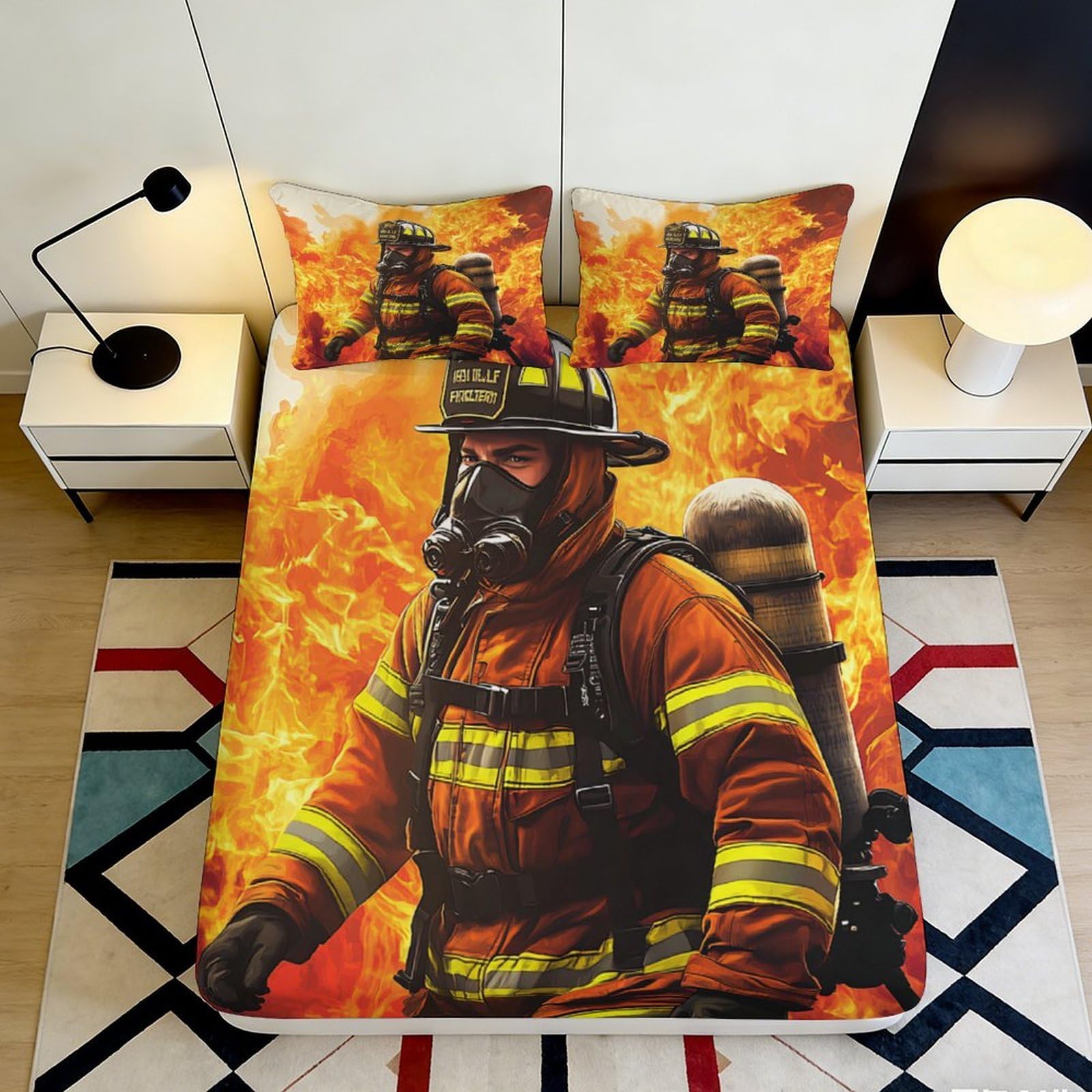 3D Printed Firefighter Fitted Sheet Microfiber Flame Scene Mattress Cover for Bedroom Guest Room Dustproof Decor 90x200x25cm
