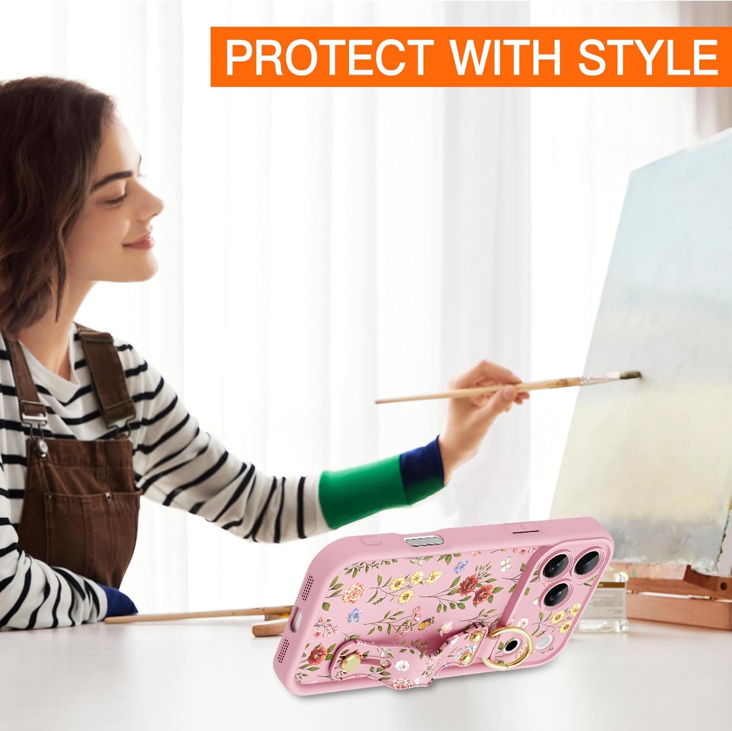 Compatible with iPhone 17 Pro Max Case with Wrist Strap, Cute Floral Flower Pattern [Upgraded] Soft TPU Adjustable Wristband Kickstand Shockproof Protective Cover for Girl Women, Pink