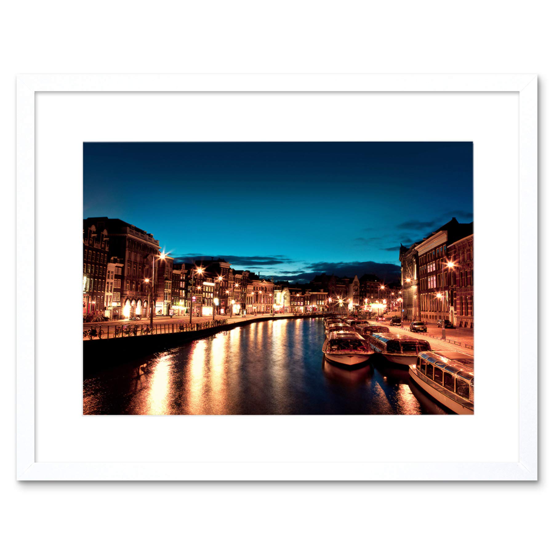 Wee Blue Coo Amsterdam Channels Night Lights Boat Picture Framed Wall Art Print