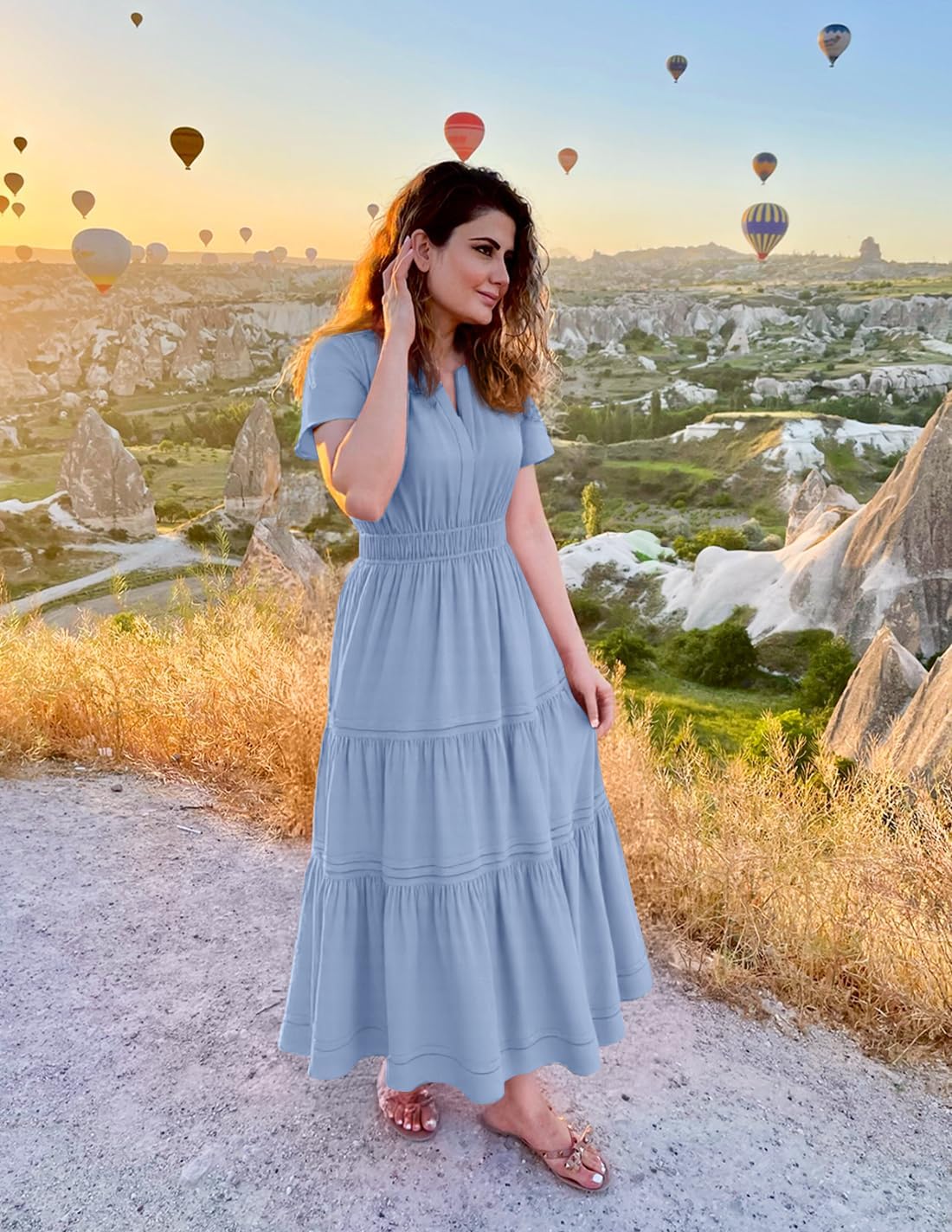 ZESICA Women's Summer Casual Short Sleeve Midi Dresses 2026 V Neck Elastic Waist Tiered Flowy Boho Dress with Pocket - Image 5