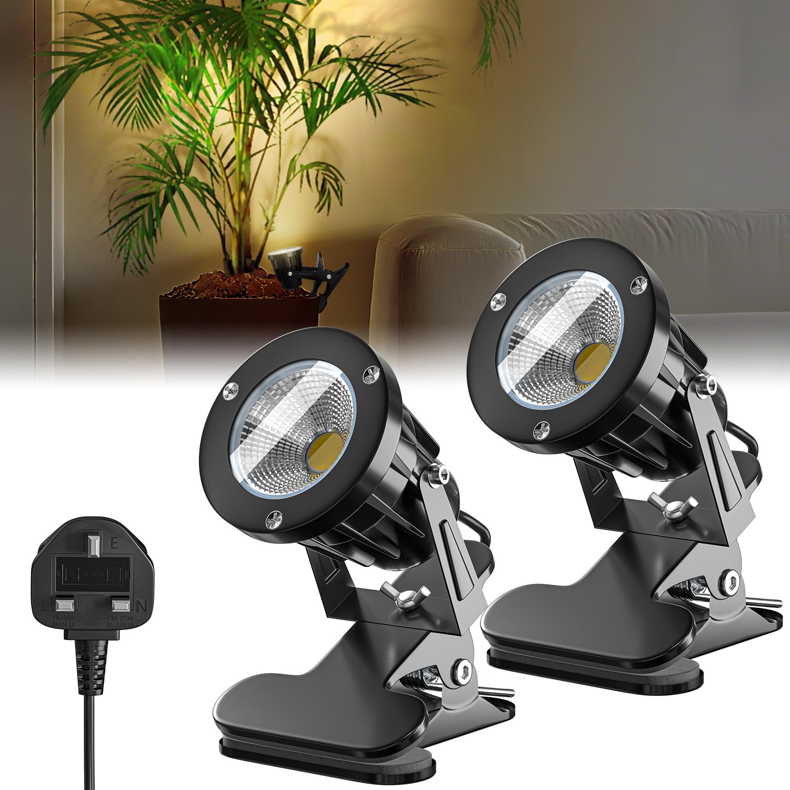 Lustaled 7W LED Clip on Spotlights 2Pack,IP65 Waterproof Plug in Plant Light for Indoor/Outdoor,3000K Warm White Adjustable Portable Little Spotlight for Painting,Artwork,Accent Lighting