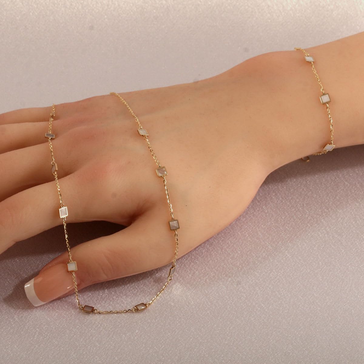 Rodium - Goldkette set mit Perlmutt-Quadrate, Einstellbar, 14 Karat Gold/ 585er Feingehalt, Ideales Geschenke für Damen