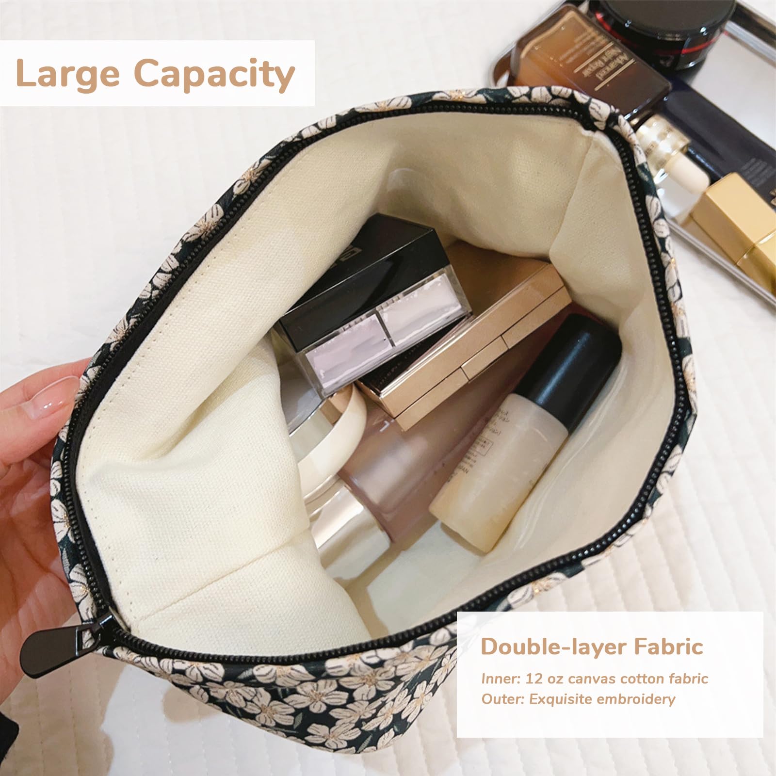 Yovell Large Aesthetic Makeup Bag, Floral Cosmetic Bags for Women Girls, Canvas Makeup Organizer Storage with Zipper, Travel Toiletry Bag, Cute Skincare Bag (Daisy Black)