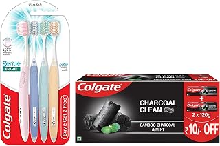 Colgate Adult Gentle Enamel Ultra Soft Bristles Manual Toothbrush 4 Pcs (Buy2 Get 2) & Colgate Charcoal Clean Black Gel Toothpaste, Pack Of 240G (120G X 2)