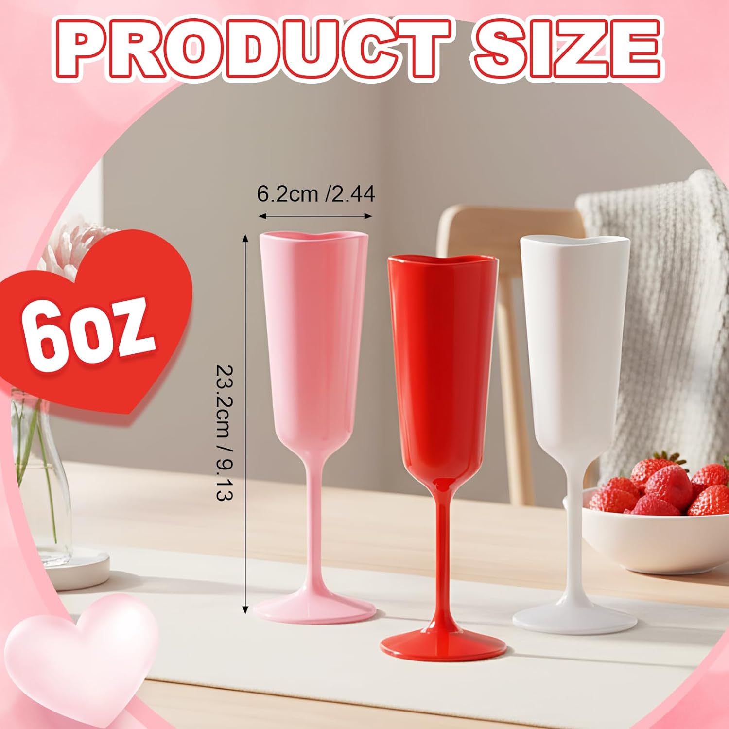 Nuogo 6 Pcs Valentine's Day Heart Plastic Champagne Flutes, 6 oz Galentines Toasting Champagne Flute for Wedding, Heart Shaped Plastic Goblets for Bachelorette Party Celebrations Supplies(Multicolor)