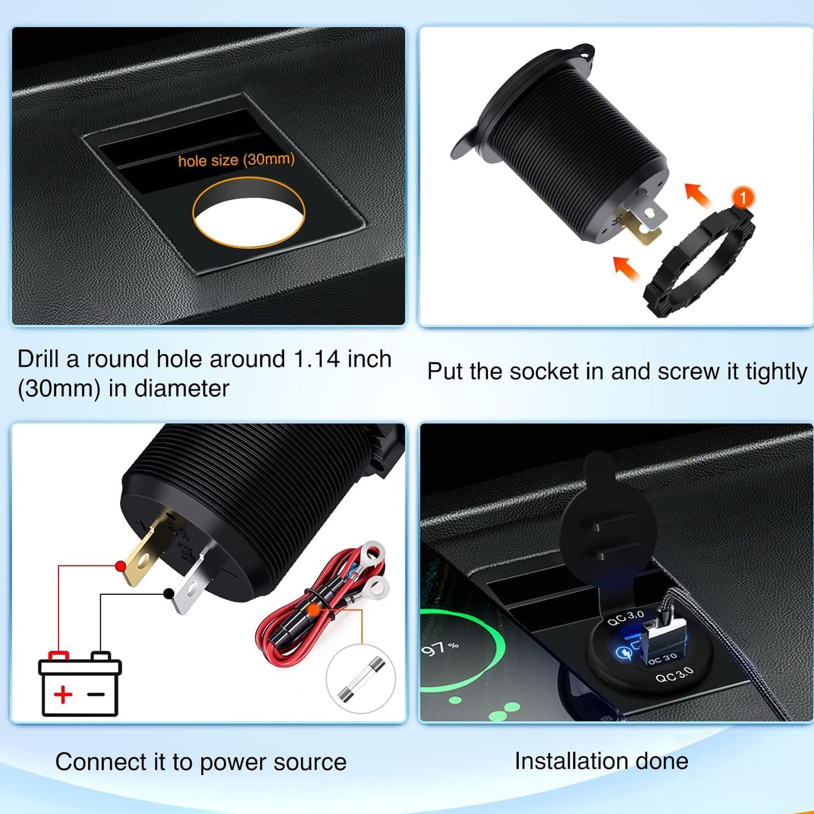 Car Charger Socket, Easy to Install USB Charger Socket Wide Compatibility for Trucks