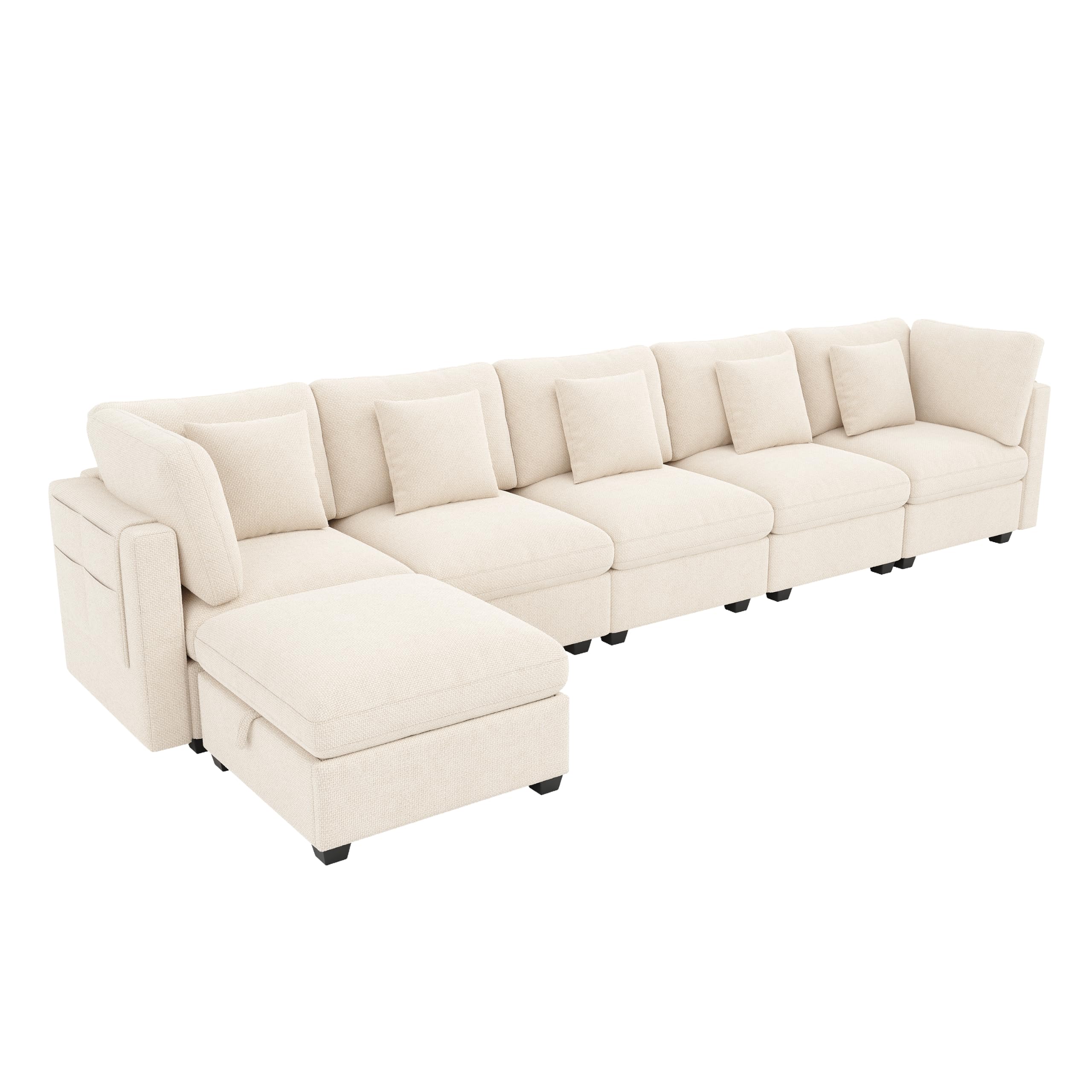 Idemon Sofá esquinero XXL en forma de L, sofá modular de 6 plazas con función de descanso, reposapiés móvil con espacio de almacenamiento y bolsillos laterales, incluye 5 cojines decorativos; tela de