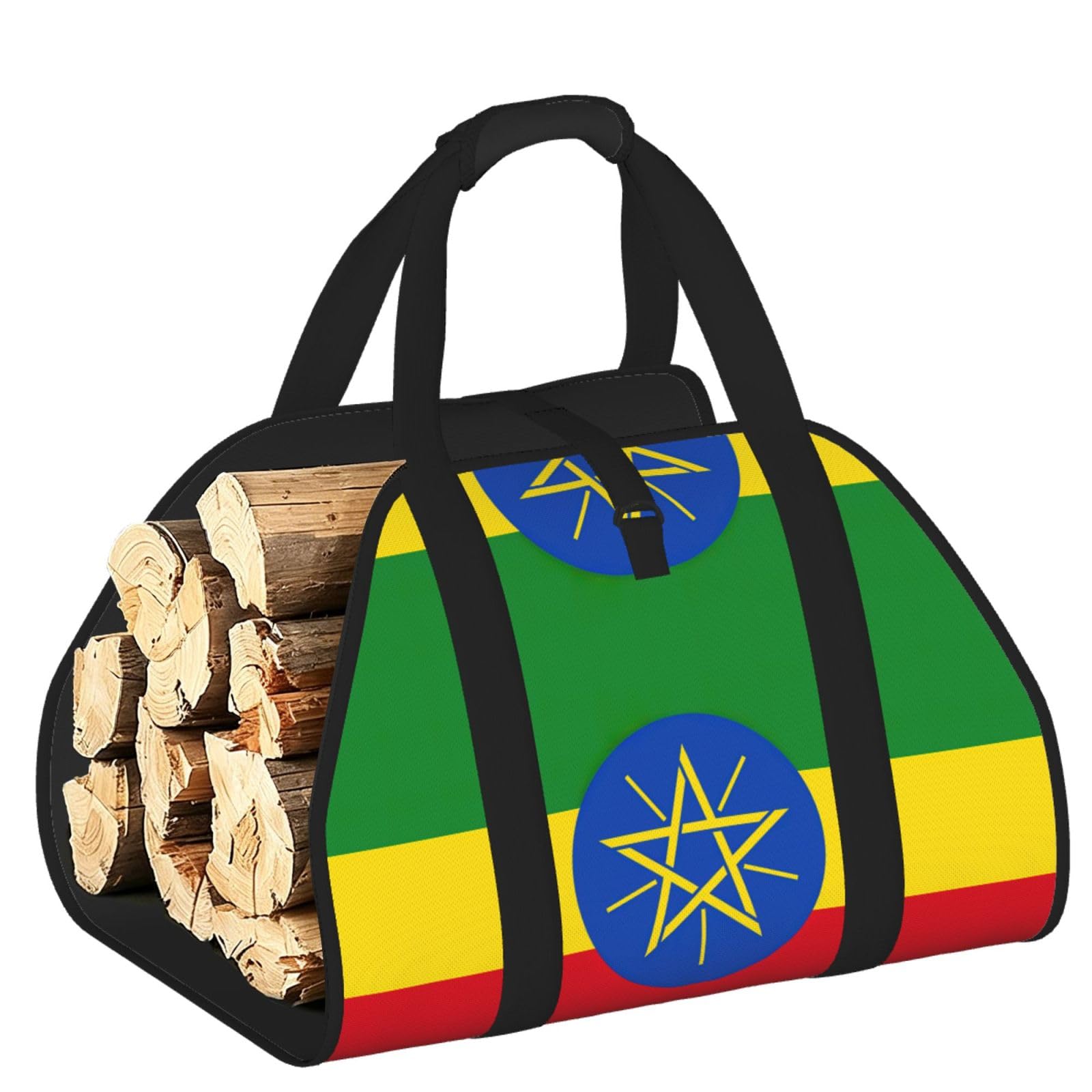 Flag of Ethiopia Printed Firewood Log Carrier, Large Tote Bag with Reinforced Handles for Camping Fireplace Home