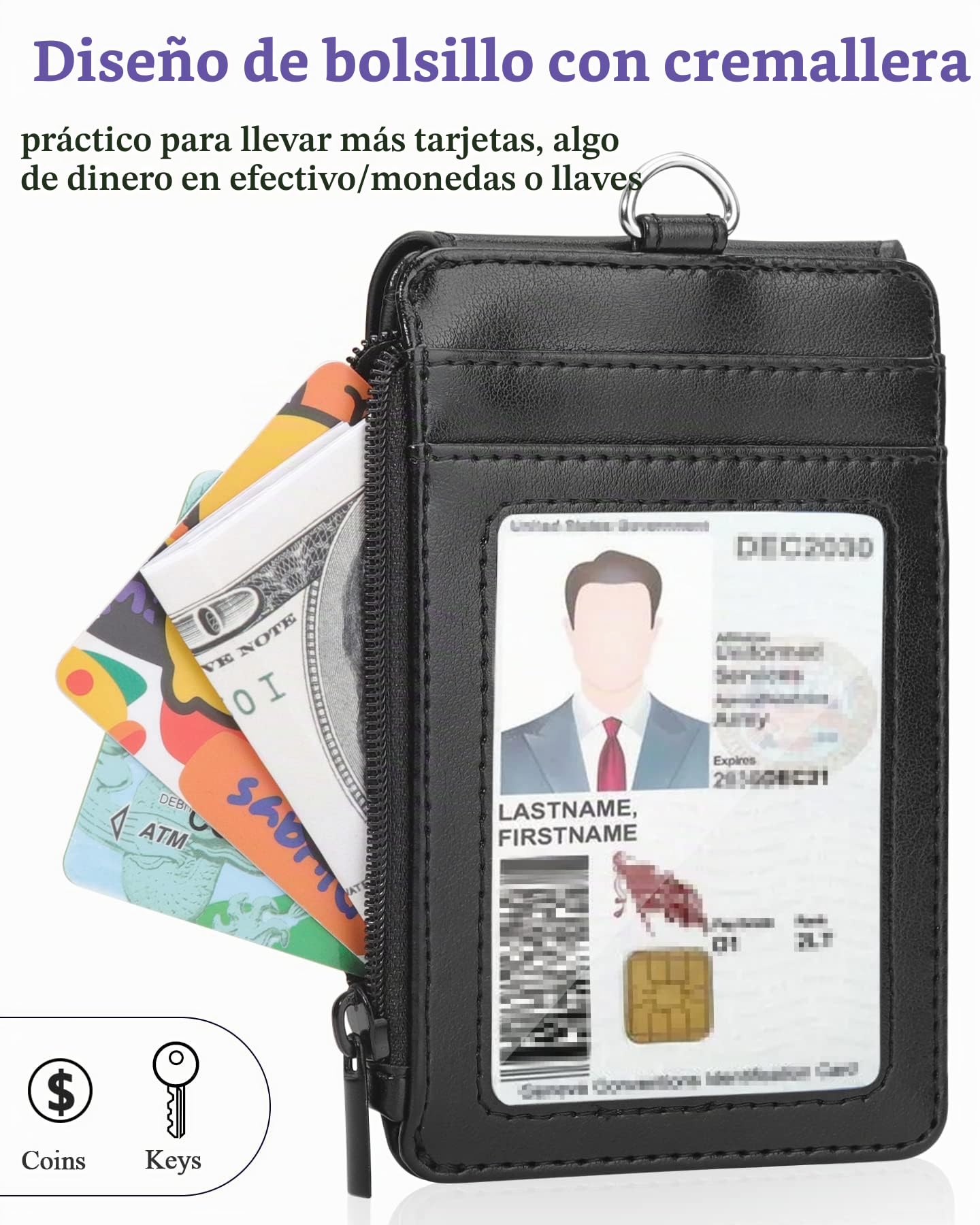 Teskyer Porta Tarjetas Identificativas, Cuero PU, con Bolsillo de Cremallera, Cordón de Nylon, 3 Ranuras para Tarjetas, para la Oficina, la Escuela, Las Tarjetas de crédito, Negro
