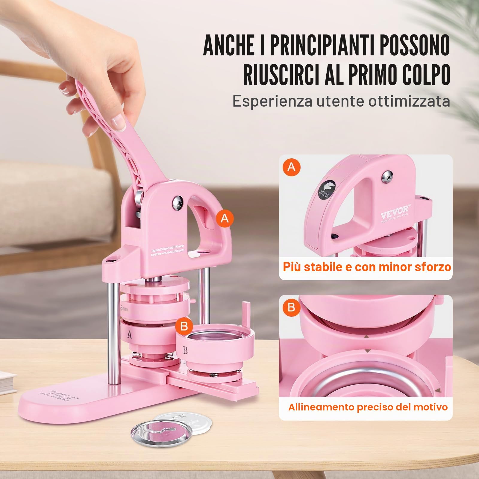 VEVOR Macchina per badge 25/32/58 mm, Pressa per badge con 300 kit di accessori, Kit fustellatrice manuale badge punzonatrice, Macchina per la creazione di badge rosa