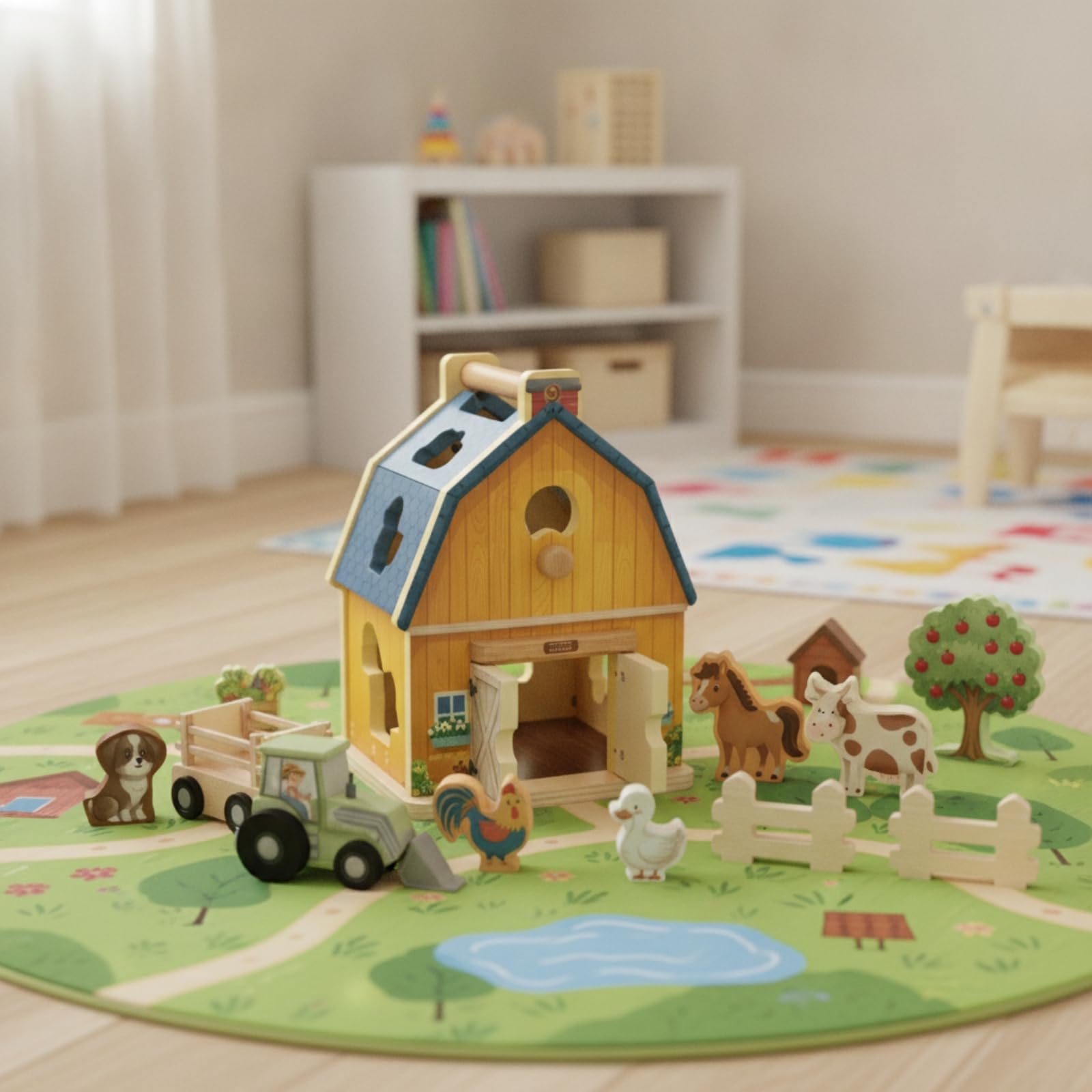 Sharplace Granja de Madera para Niños Juguete Infantil Granero Tractor Remolque Figura de con Puertas Abatibles y Clasificador de Formas Adecuado para Preescolar Guardería Sala de Juegos